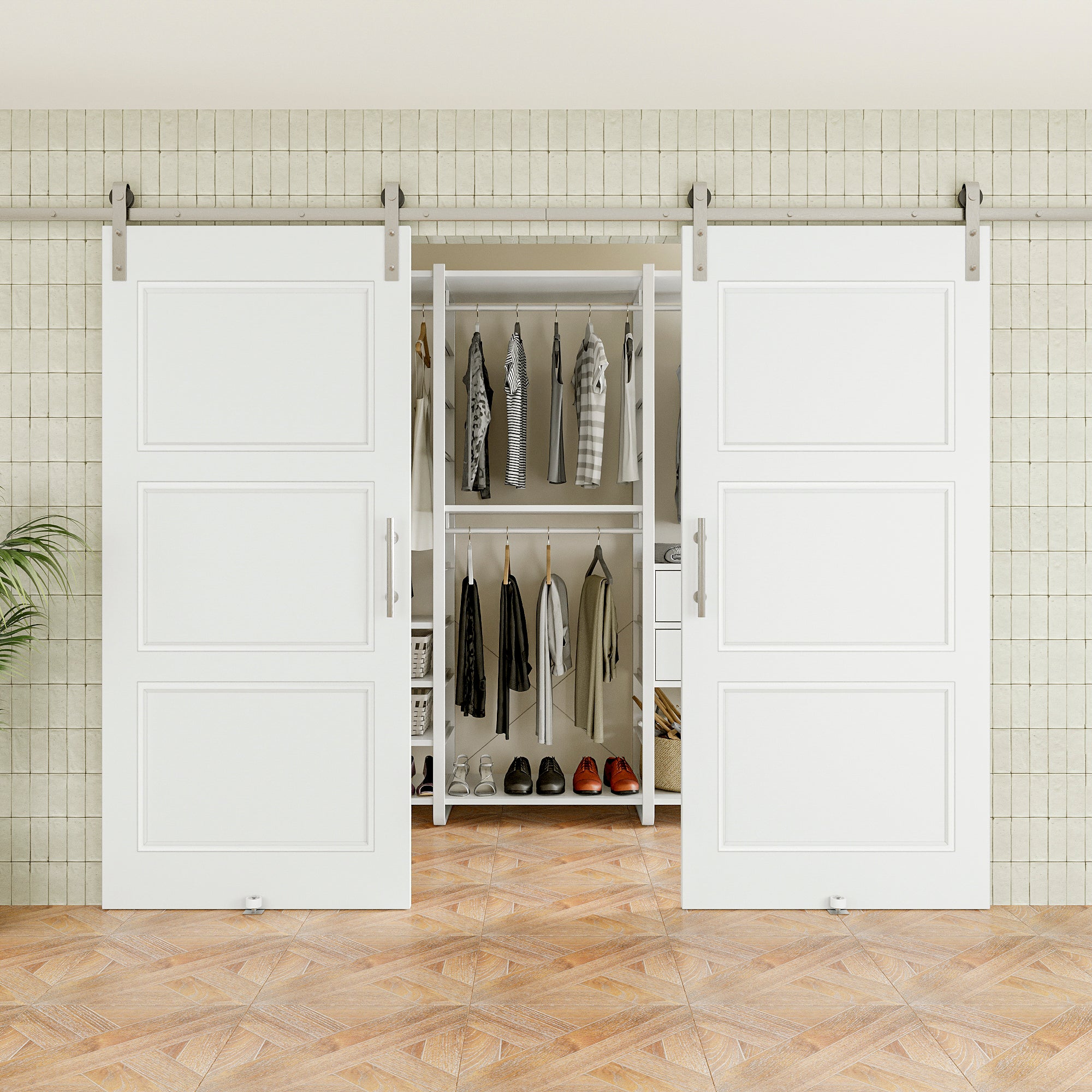 Ark Design Molded 3 Panel White Primed Paneled MDF Sliding Barn Door with brushed nickle barn door hardware Kit