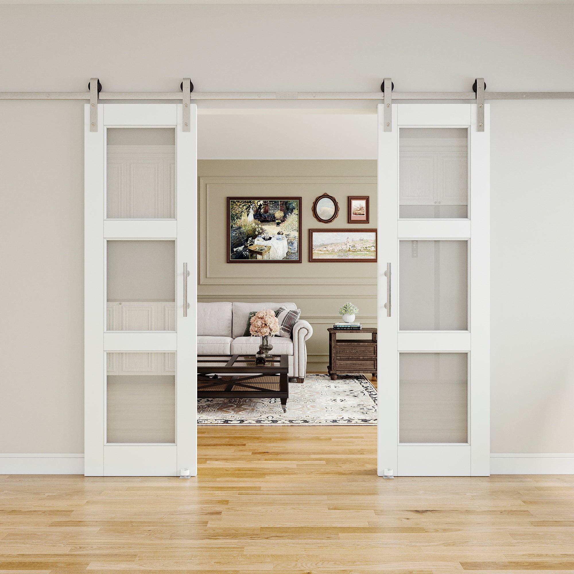 Ark Design 3-Lite Tempered Clear Glass White Primed Solid Core MDF Sliding Barn Door with brushed nickle barn door hardware Kit