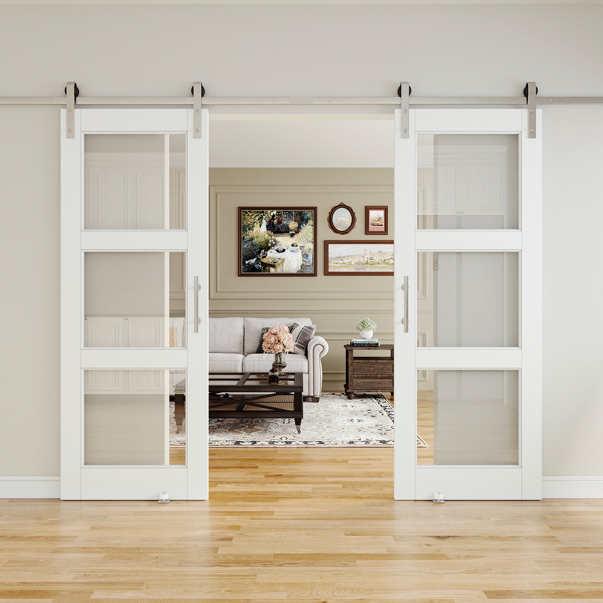 Ark Design 3-Lite Tempered Clear Glass White Primed Solid Core MDF Sliding Barn Door with brushed nickle barn door hardware Kit