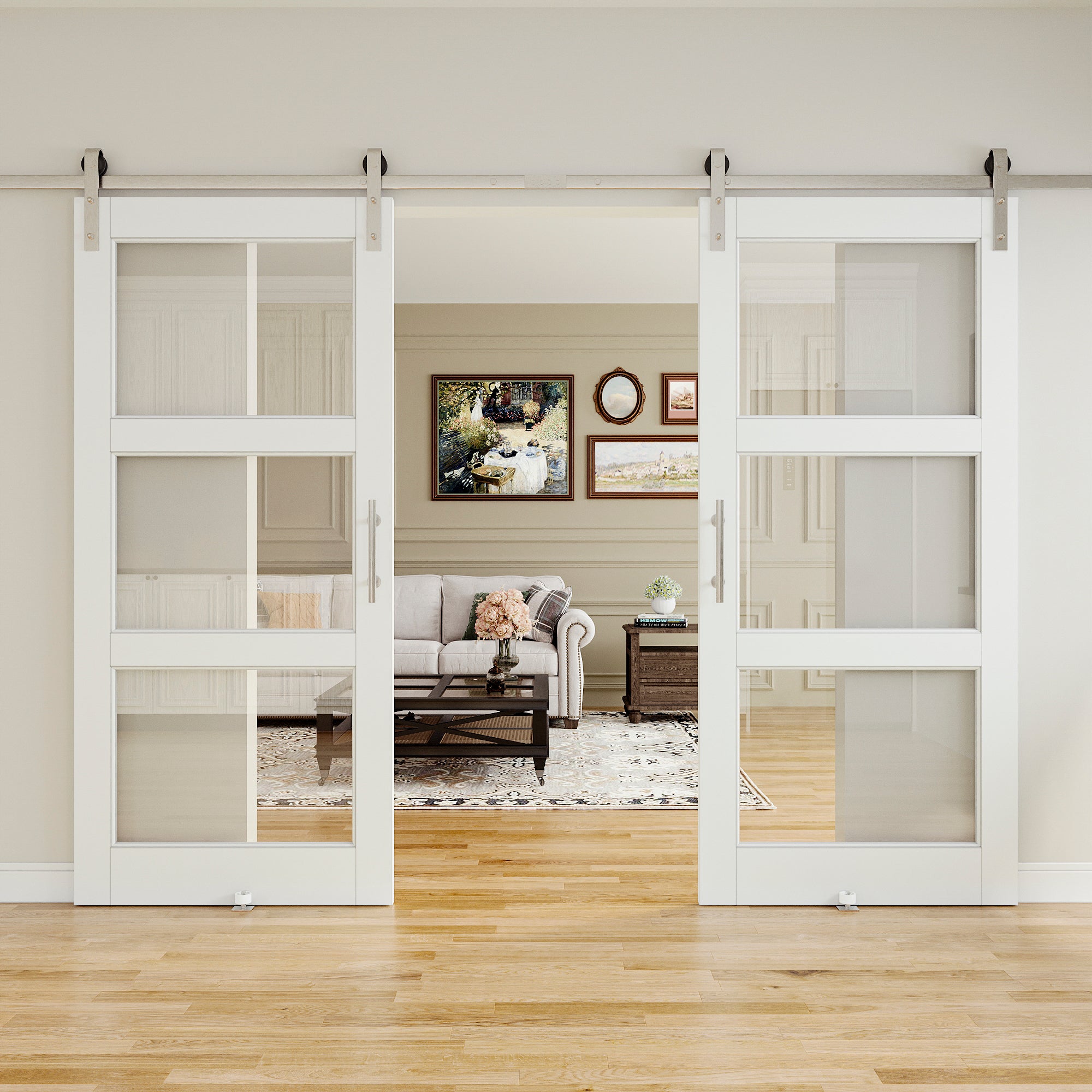 Ark Design 3-Lite Tempered Clear Glass White Primed Solid Core MDF Sliding Barn Door with brushed nickle barn door hardware Kit