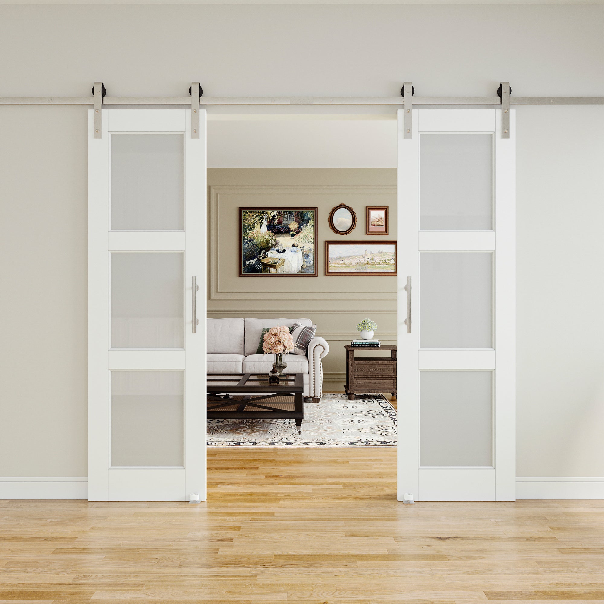 Ark Design 3-Lite Tempered Frosted Glass White Primed MDF Composite Sliding Barn Door with brushed nickle barn door hardware Kit