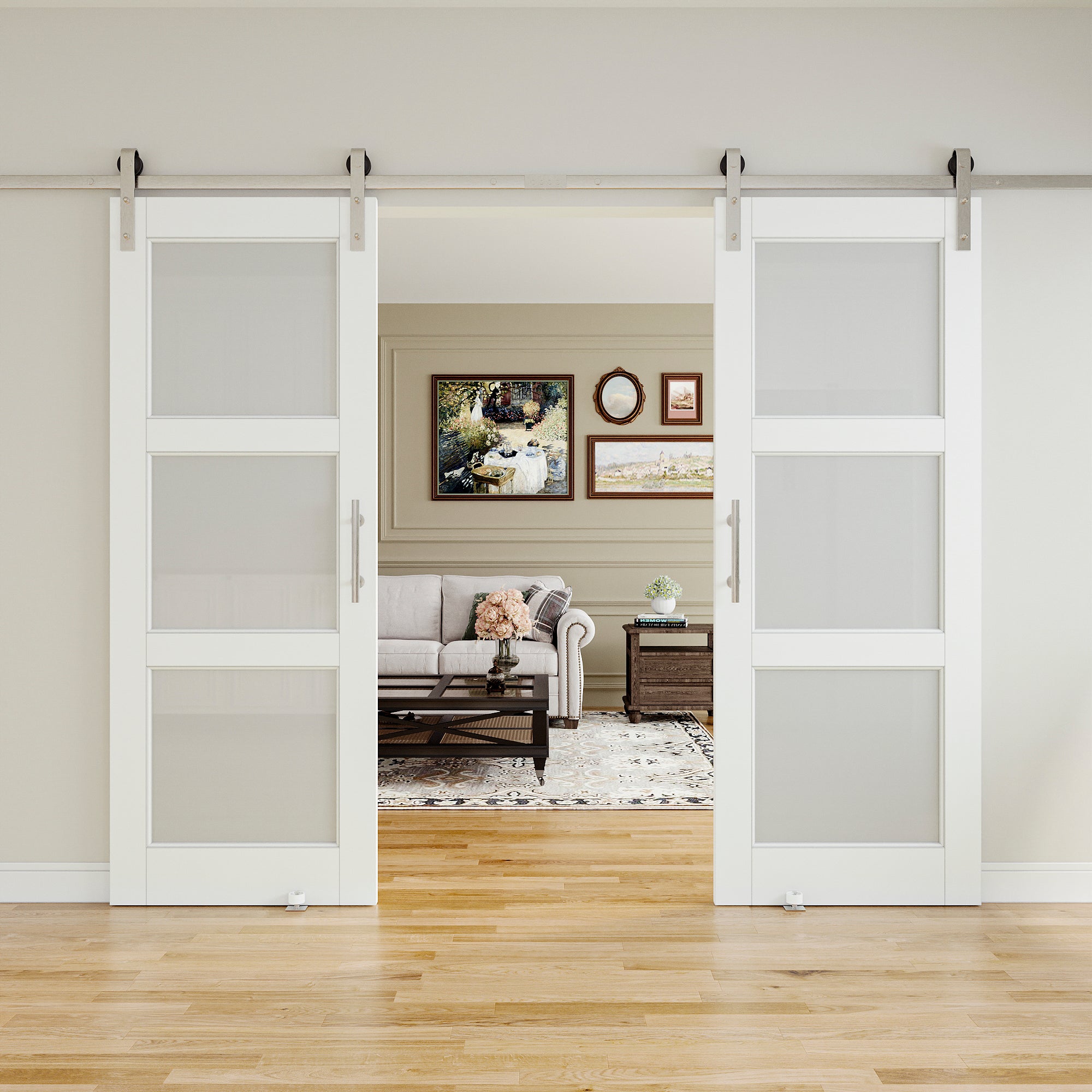 Ark Design 3-Lite Tempered Frosted Glass White Primed MDF Composite Sliding Barn Door with brushed nickle barn door hardware Kit