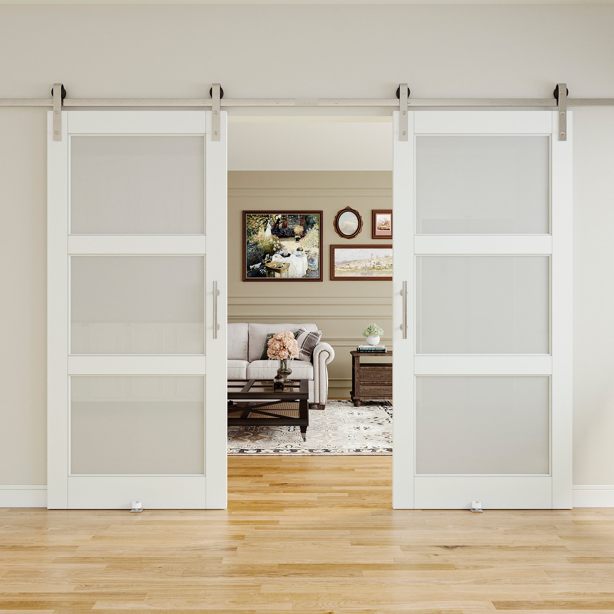 Ark Design 3-Lite Tempered Frosted Glass White Primed MDF Composite Sliding Barn Door with brushed nickle barn door hardware Kit