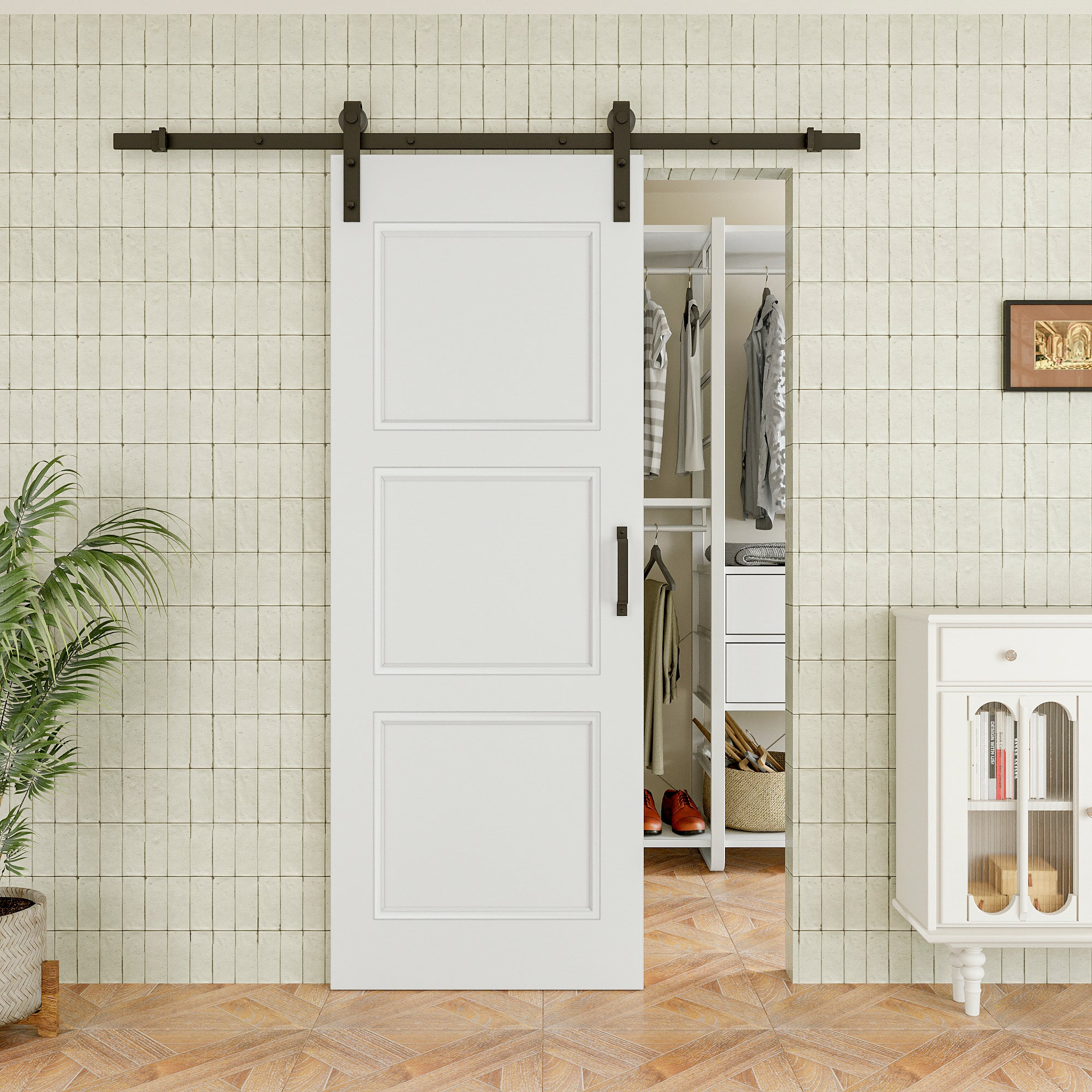 Ark Design Molded 3 Panel White Primed Paneled MDF Sliding Barn Door with Hardware Kit
