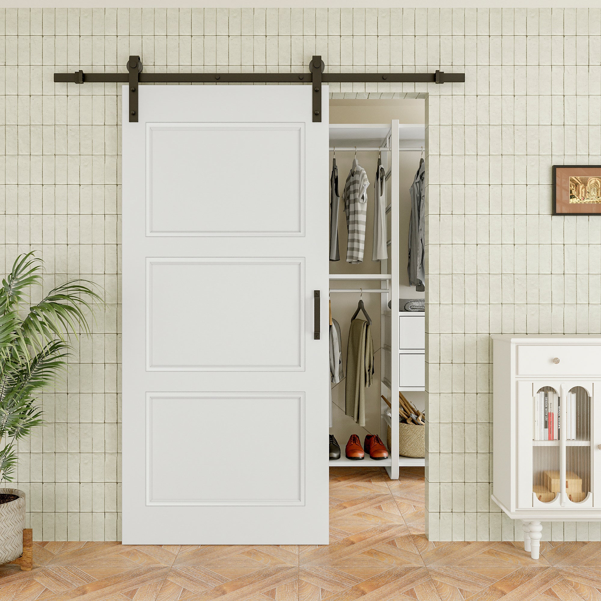Ark Design Molded 3 Panel White Primed Paneled MDF Sliding Barn Door with Hardware Kit