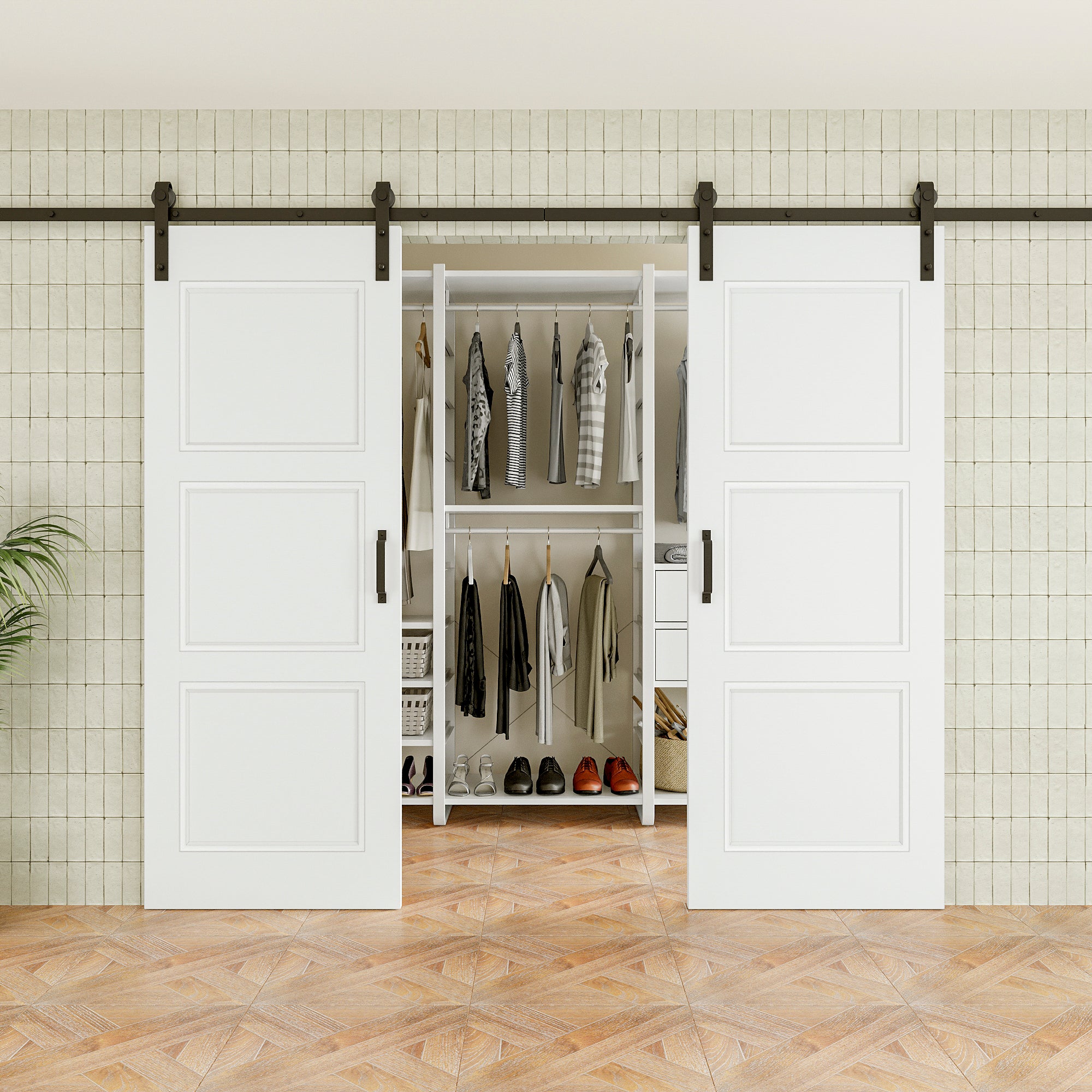 Ark Design Molded 3 Panel White Primed Paneled MDF Sliding Barn Door with Hardware Kit