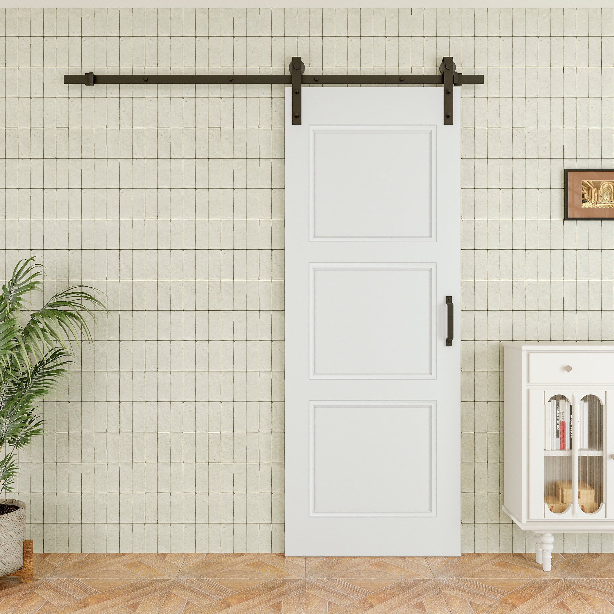 Ark Design Molded 3 Panel White Primed Paneled MDF Sliding Barn Door with Hardware Kit
