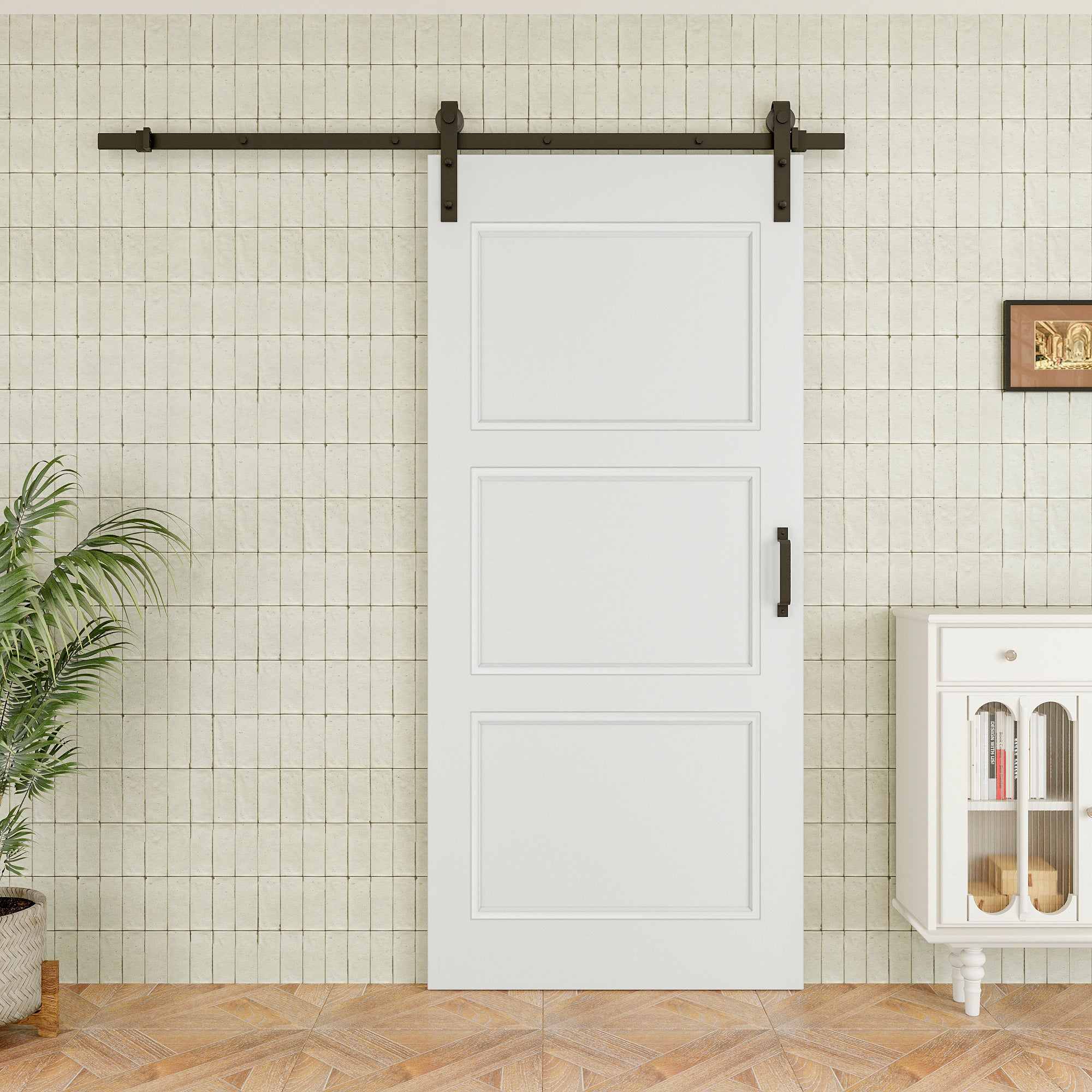 Ark Design Molded 3 Panel White Primed Paneled MDF Sliding Barn Door with Hardware Kit
