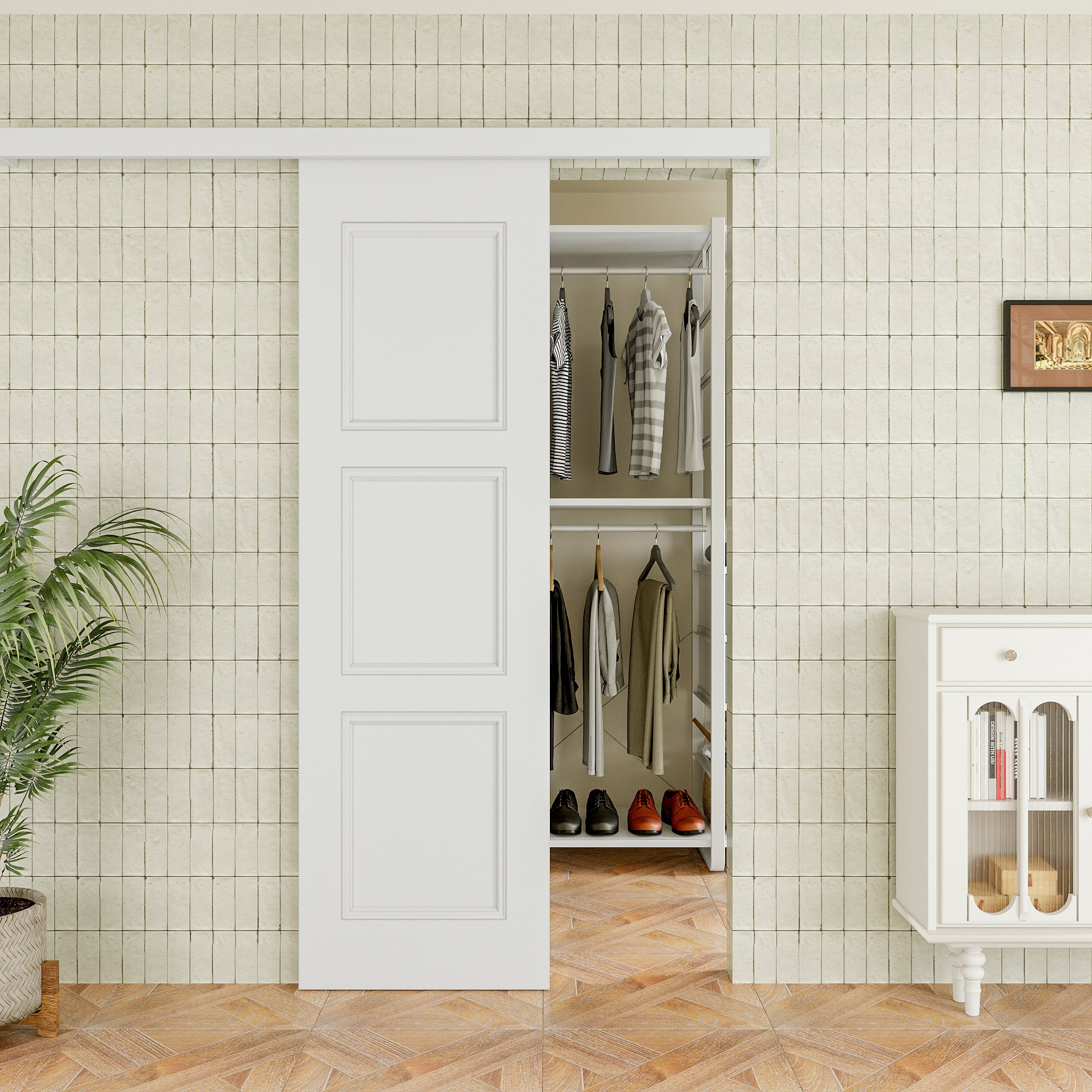 Ark Design Hidden Track Style Molded 3 Panel White Primed Paneled MDF Sliding Barn Door with Hardware Kit