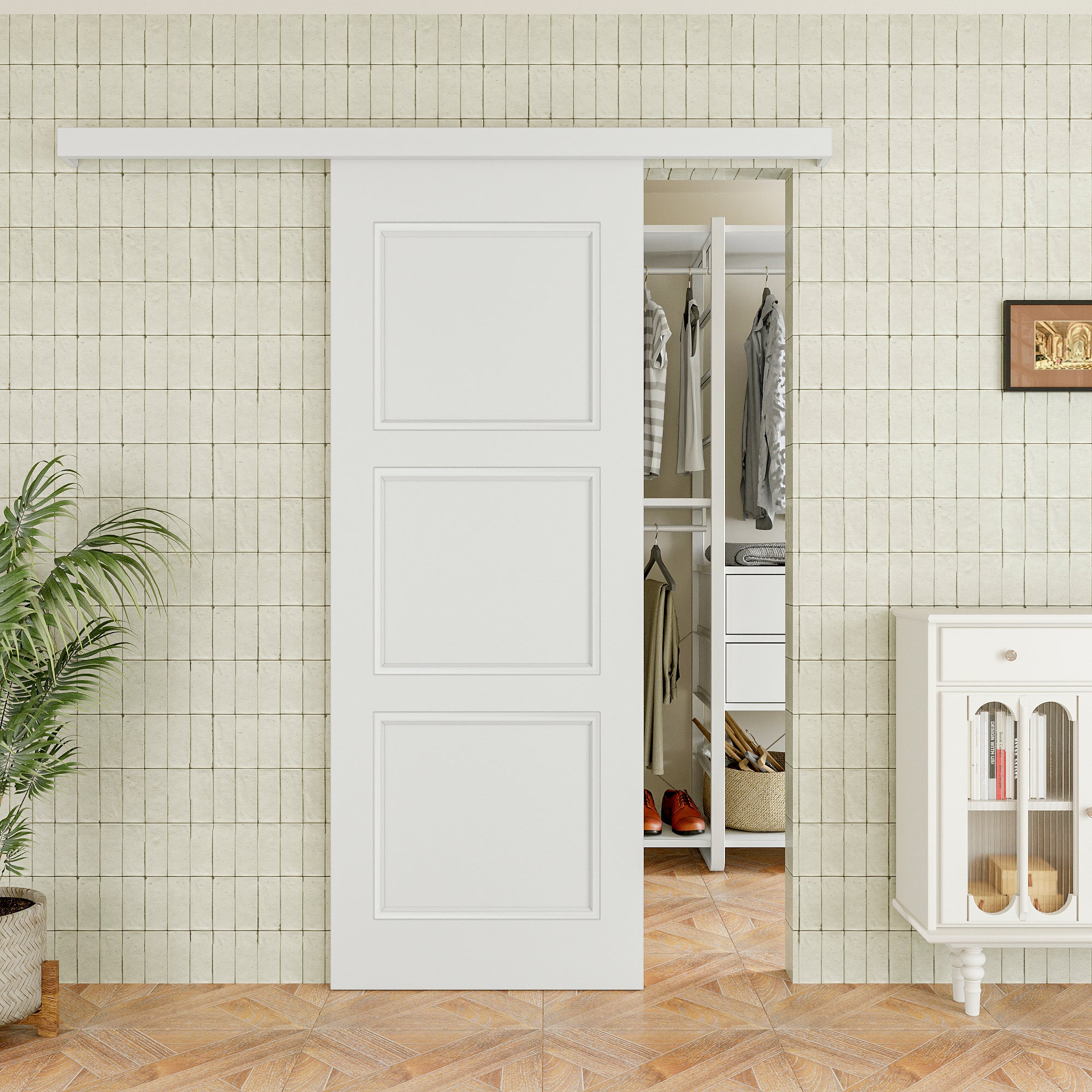 Ark Design Hidden Track Style Molded 3 Panel White Primed Paneled MDF Sliding Barn Door with Hardware Kit