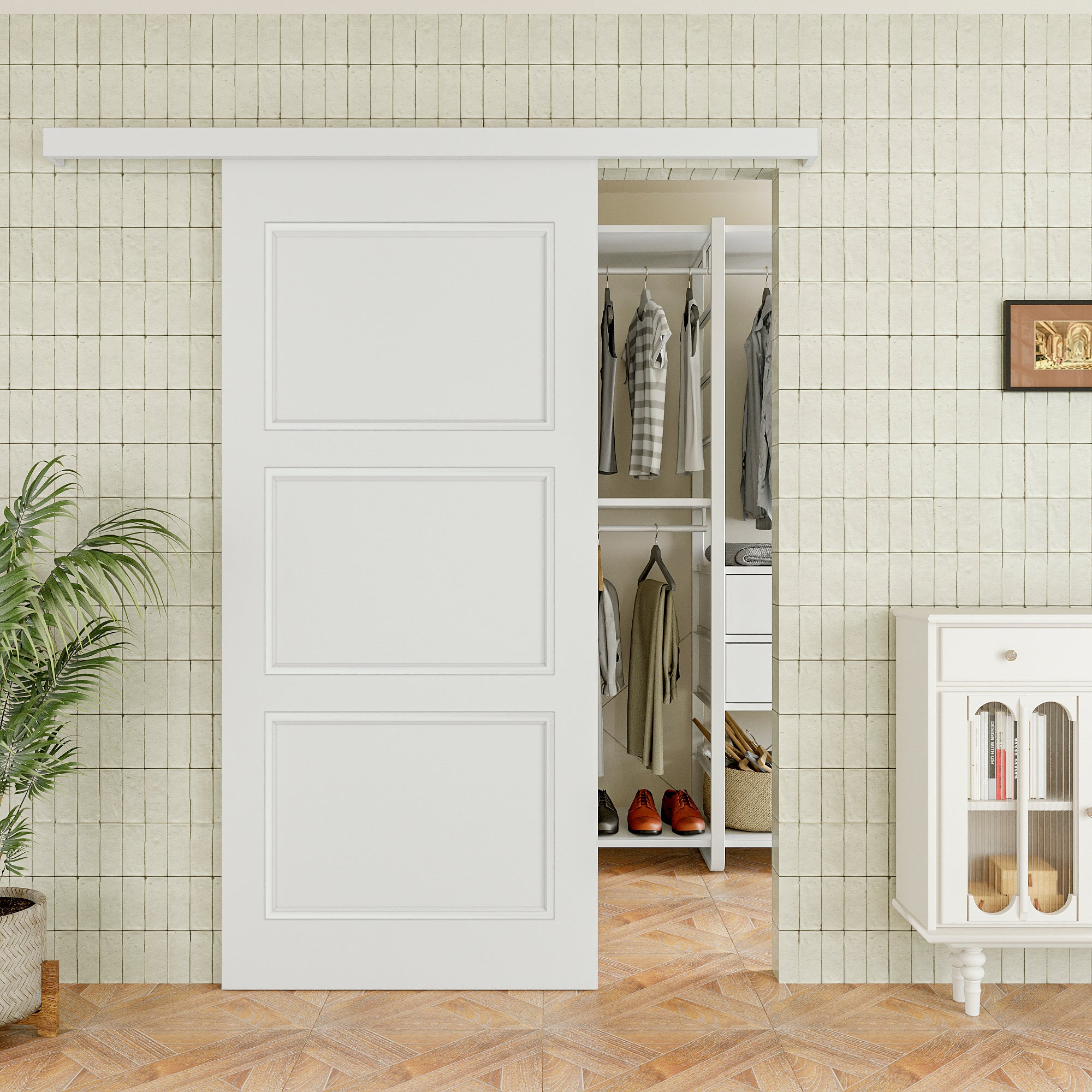 Ark Design Hidden Track Style Molded 3 Panel White Primed Paneled MDF Sliding Barn Door with Hardware Kit
