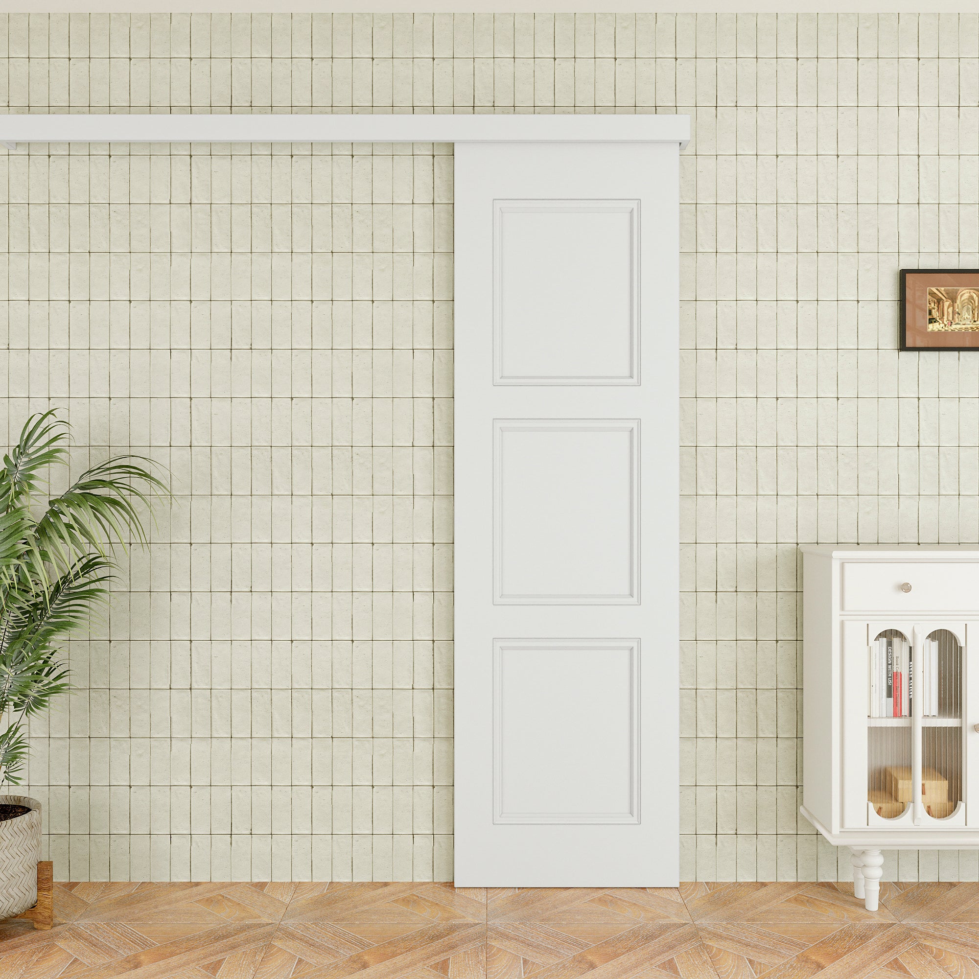 Ark Design Hidden Track Style Molded 3 Panel White Primed Paneled MDF Sliding Barn Door with Hardware Kit
