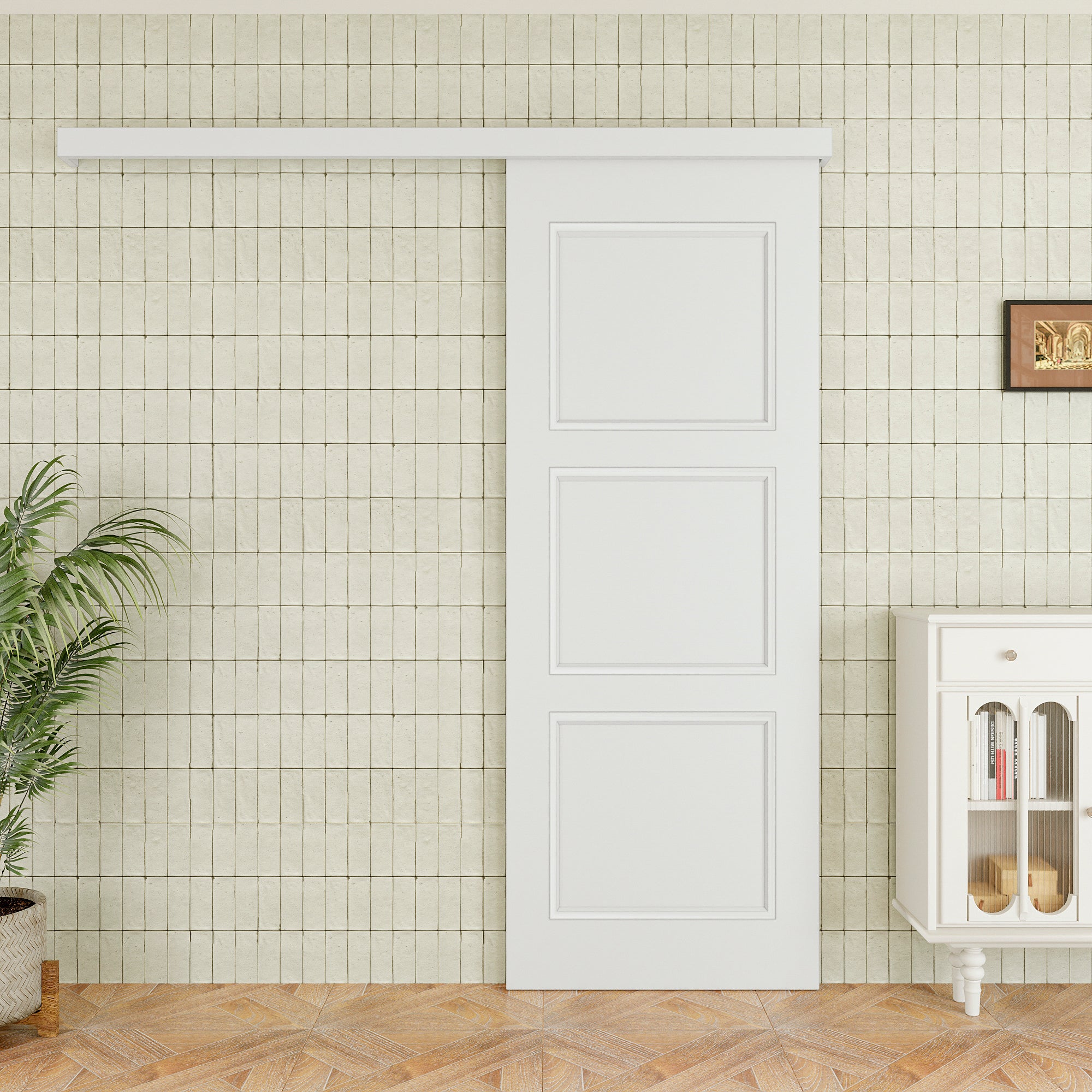 Ark Design Hidden Track Style Molded 3 Panel White Primed Paneled MDF Sliding Barn Door with Hardware Kit
