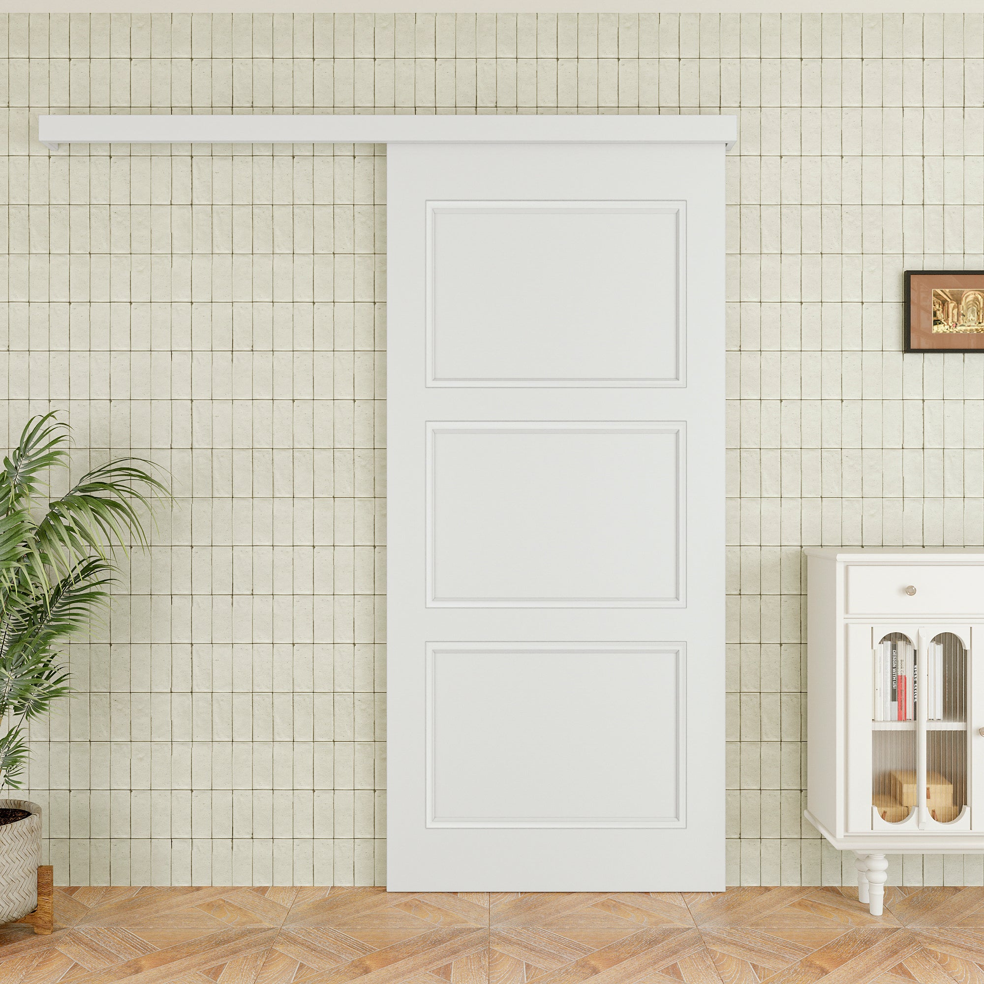 Ark Design Hidden Track Style Molded 3 Panel White Primed Paneled MDF Sliding Barn Door with Hardware Kit