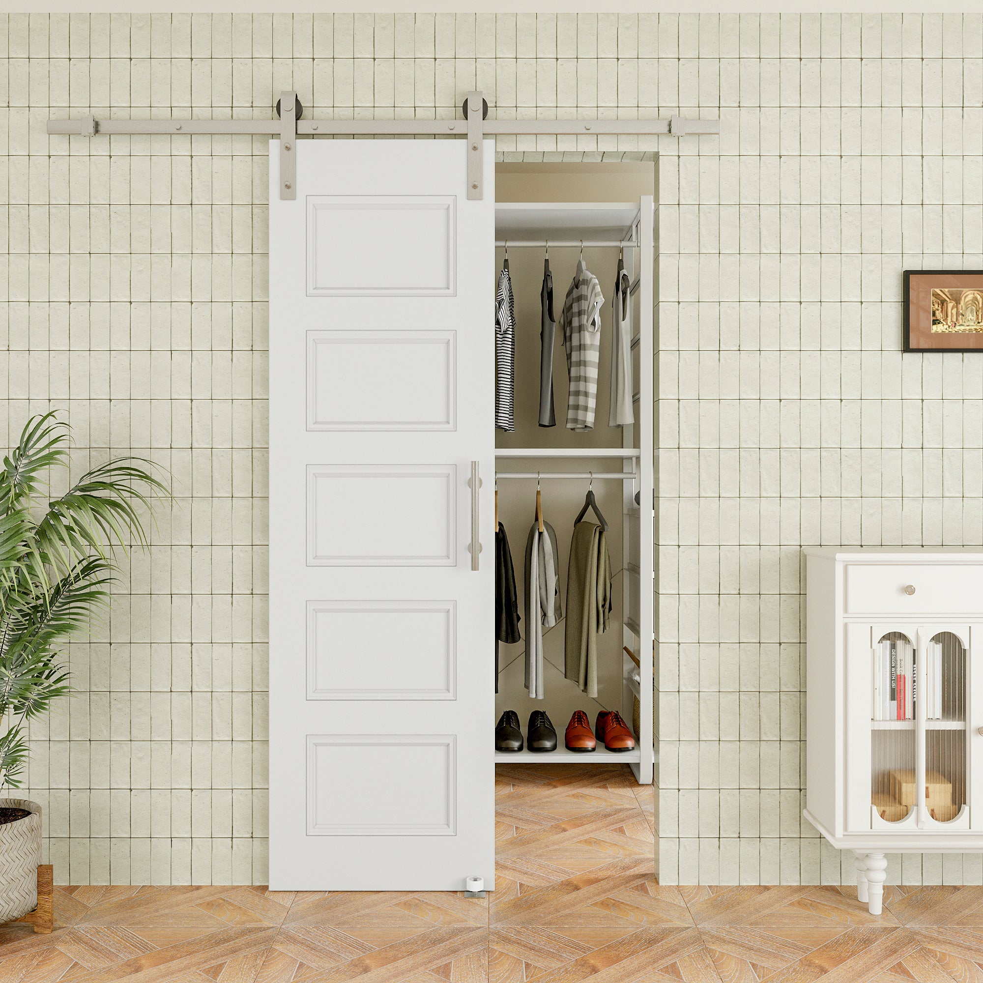 Ark Design Molded 5 Panel White Primed Paneled MDF Sliding Barn Door with brushed nickle barn door hardware Kit