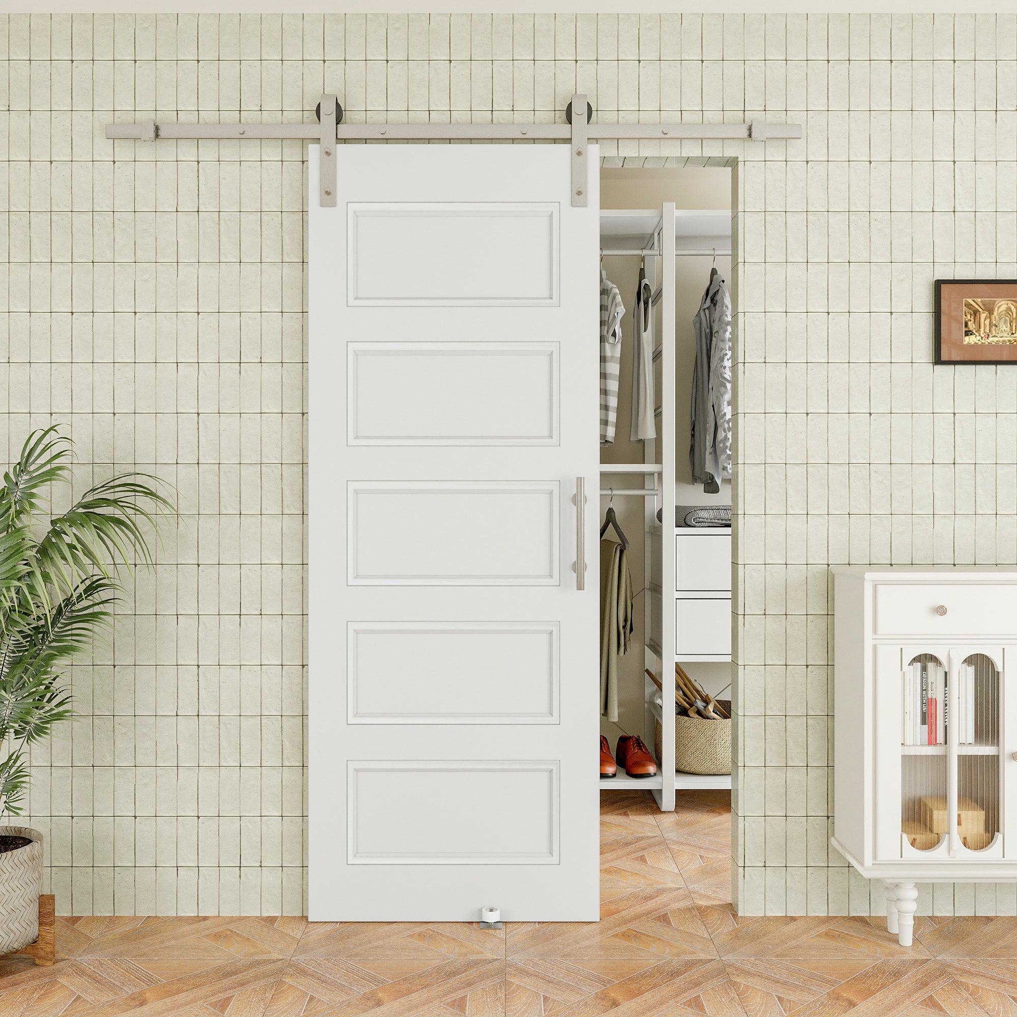 Ark Design Molded 5 Panel White Primed Paneled MDF Sliding Barn Door with brushed nickle barn door hardware Kit