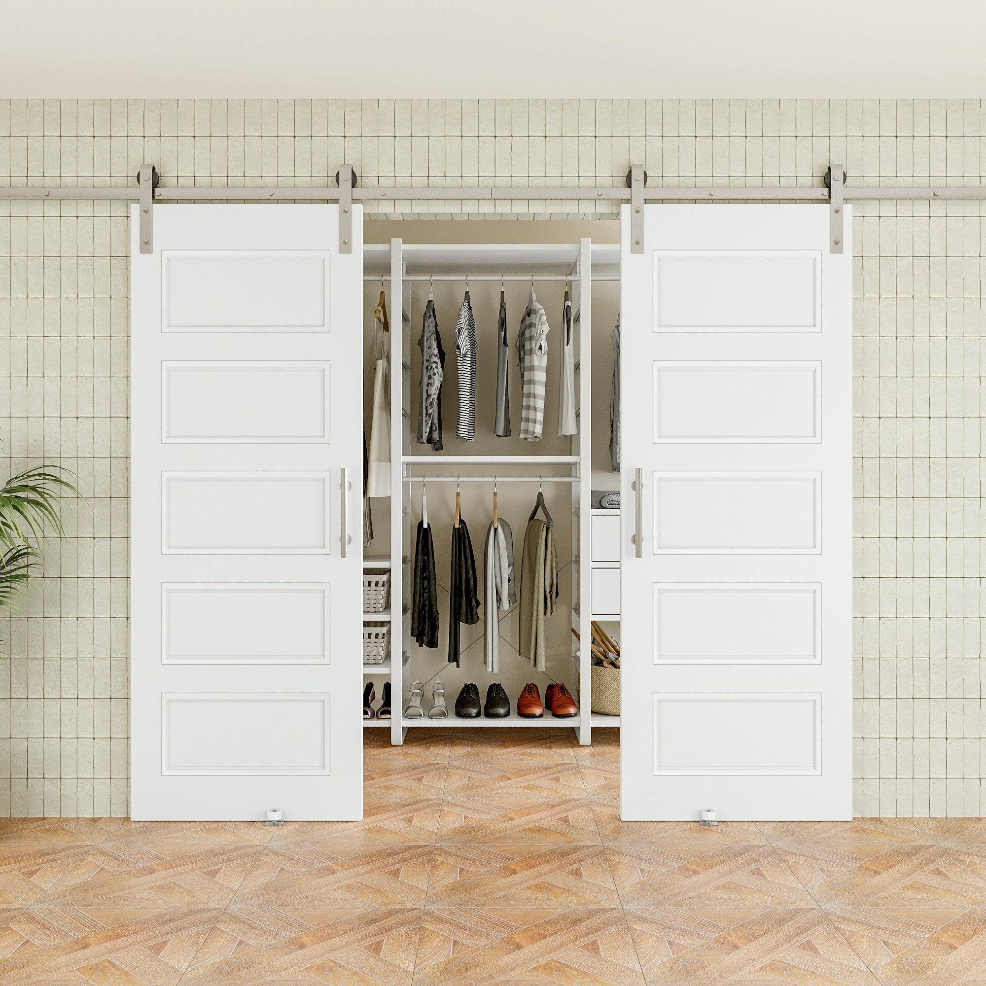 Ark Design Molded 5 Panel White Primed Paneled MDF Sliding Barn Door with brushed nickle barn door hardware Kit