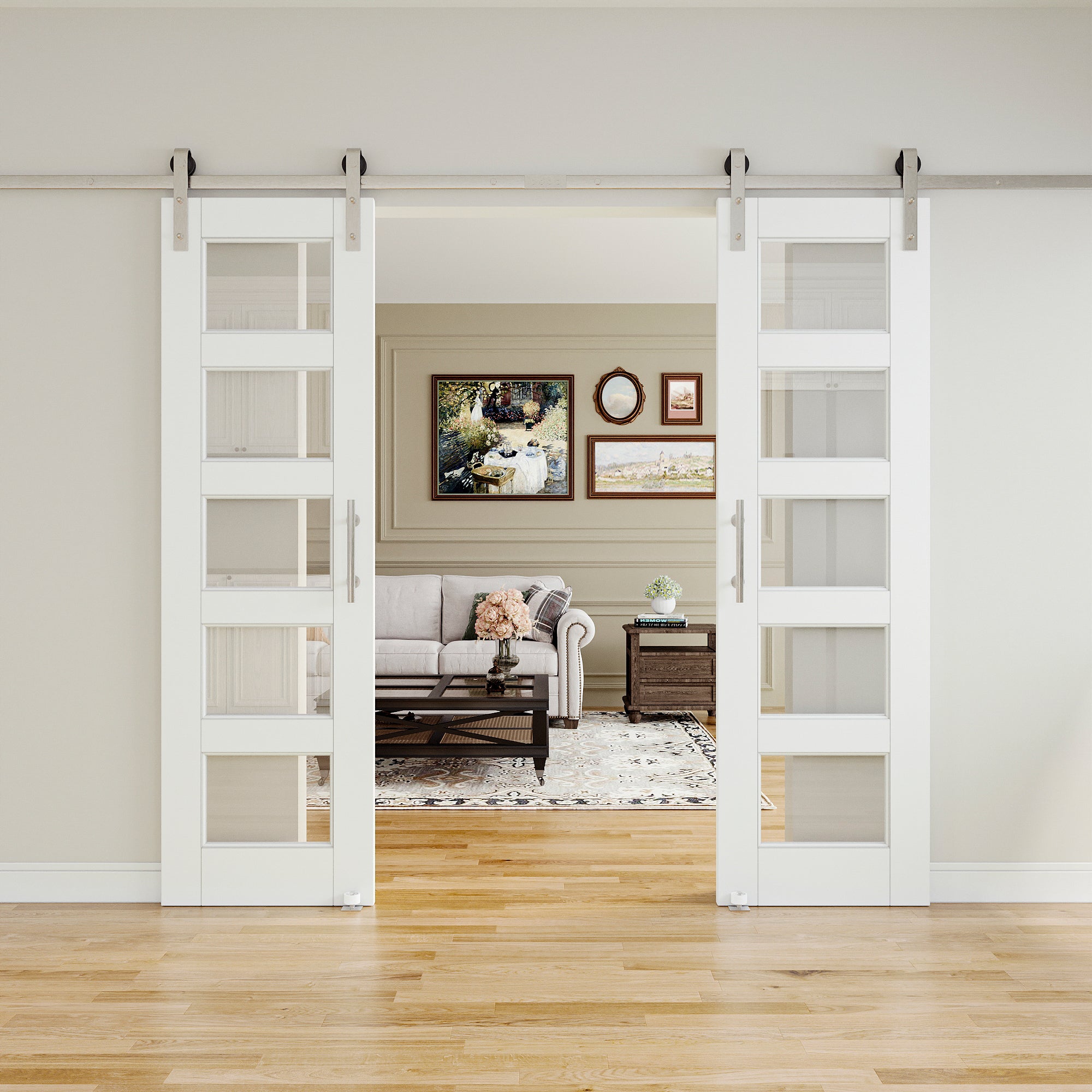 Ark Design 5-Lite Tempered Clear Glass White Primed Solid Core MDF Sliding Barn Door with brushed nickle barn door hardware Kit