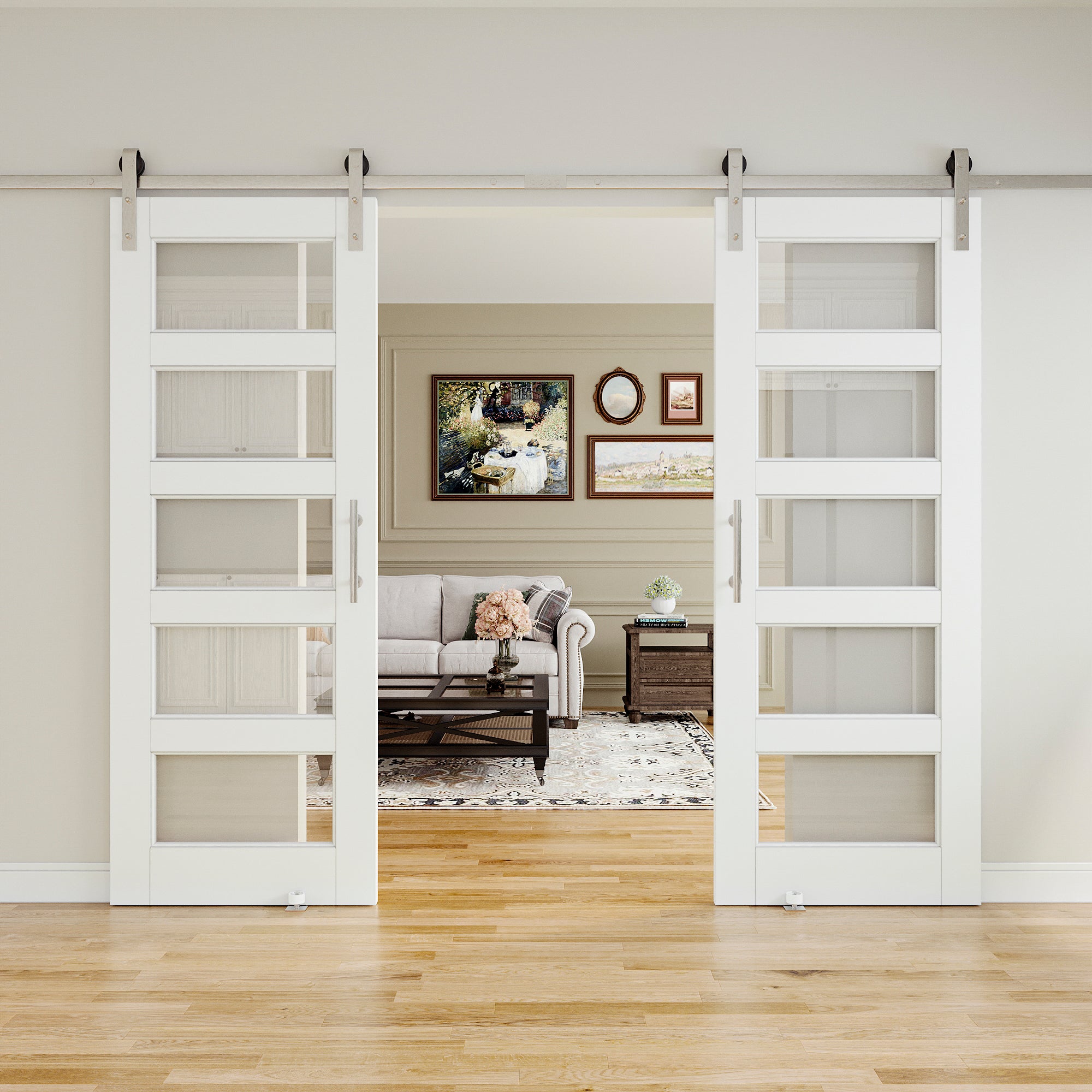 Ark Design 5-Lite Tempered Clear Glass White Primed Solid Core MDF Sliding Barn Door with brushed nickle barn door hardware Kit