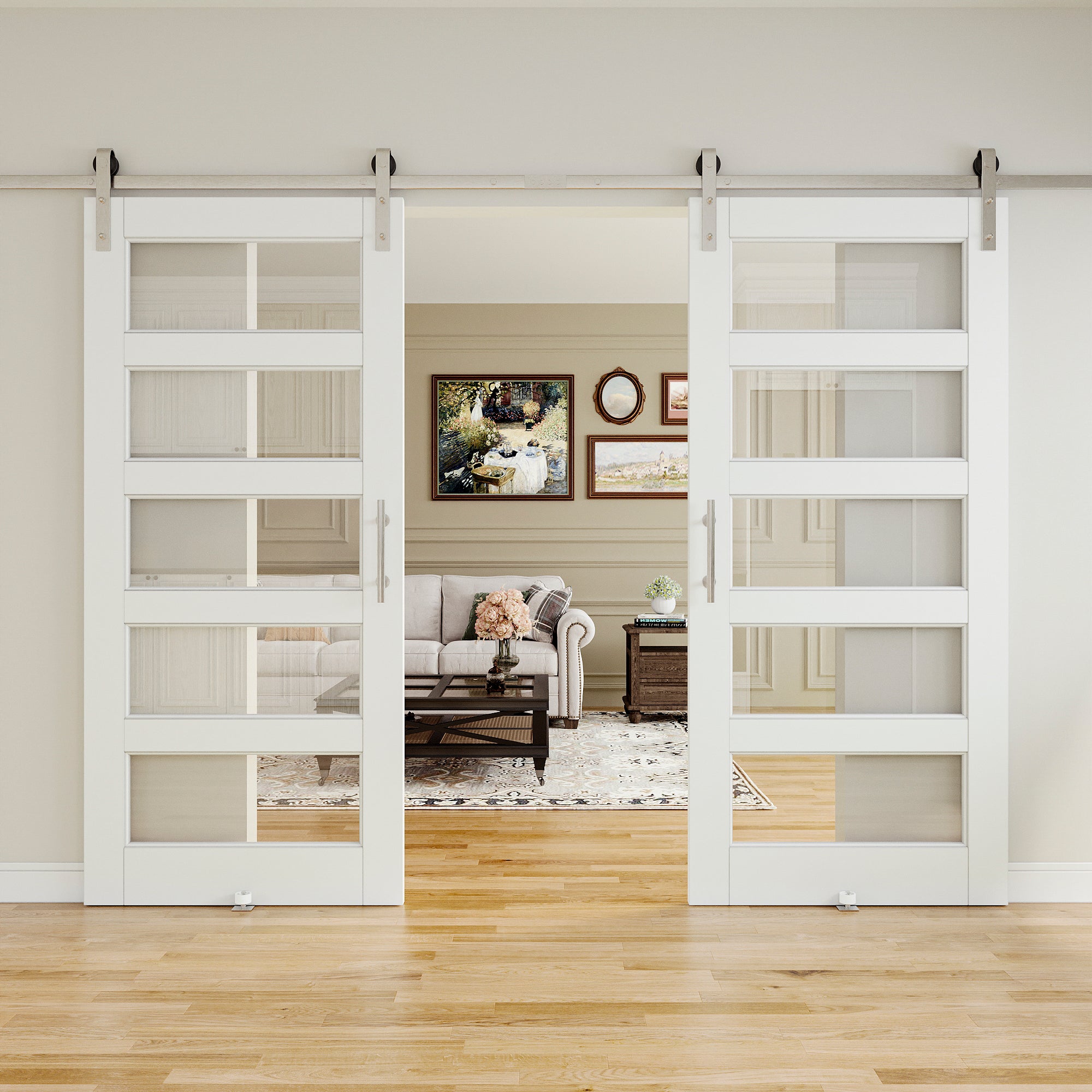 Ark Design 5-Lite Tempered Clear Glass White Primed Solid Core MDF Sliding Barn Door with brushed nickle barn door hardware Kit