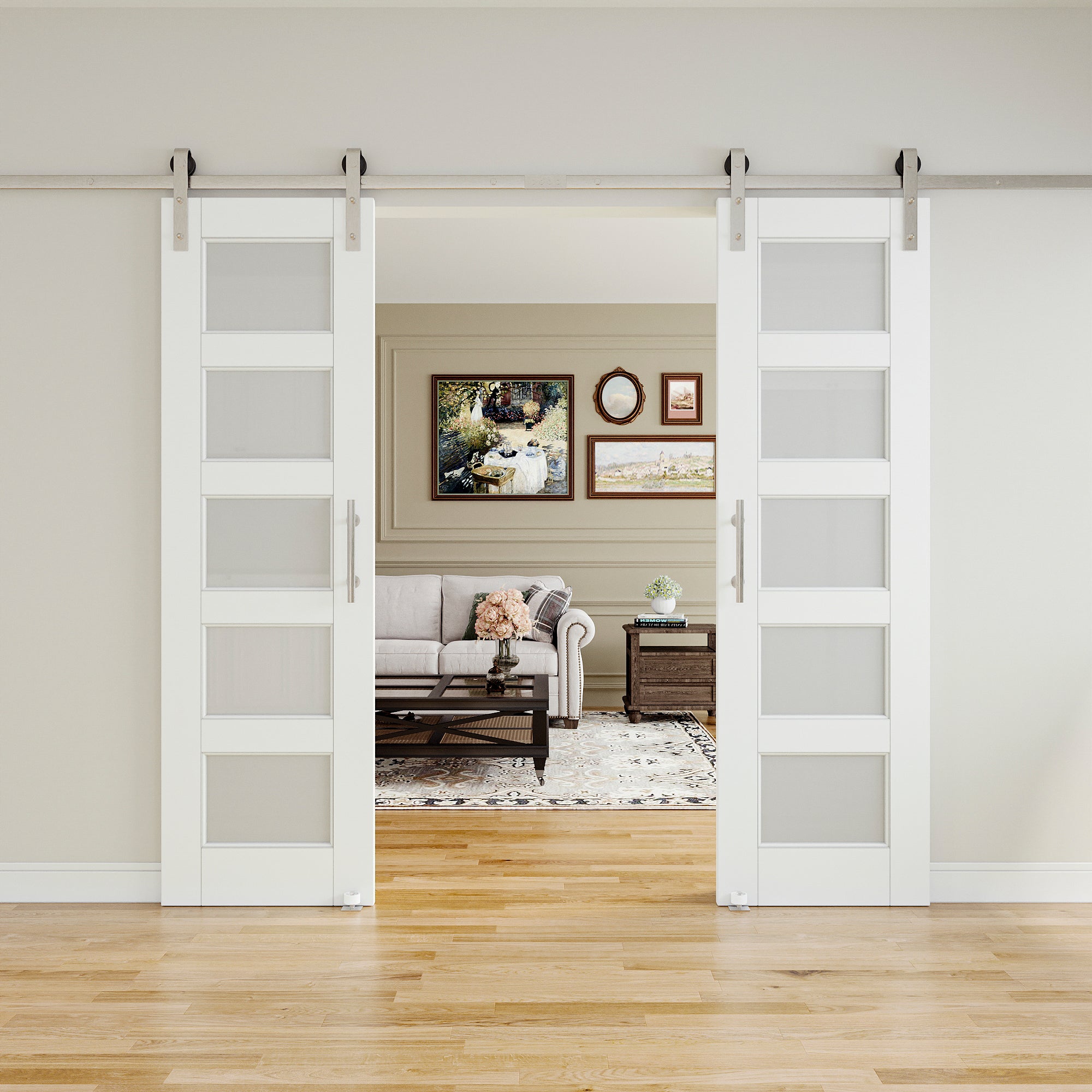 Ark Design 5 Lite Tempered Frosted Glass White Primed Solid Core MDF Sliding Barn Door with brushed nickle barn door hardware Kit