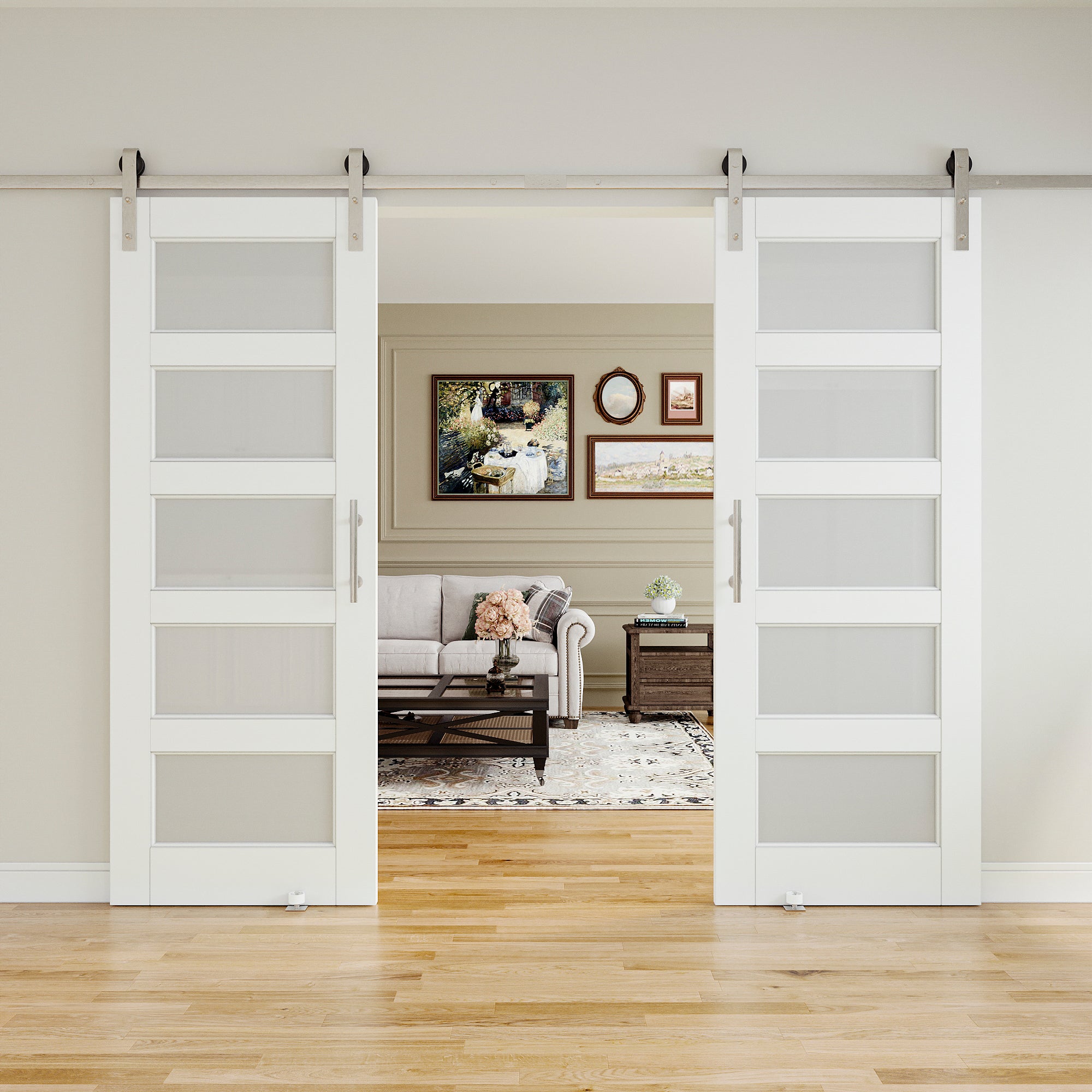 Ark Design 5 Lite Tempered Frosted Glass White Primed Solid Core MDF Sliding Barn Door with brushed nickle barn door hardware Kit