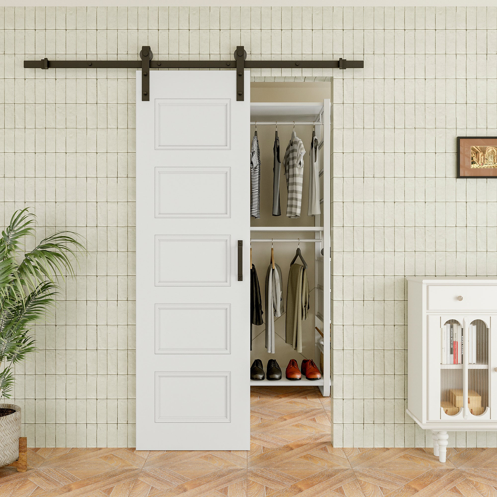 Ark Design Molded 5 Panel White Primed Paneled MDF Sliding Barn Door with Hardware Kit