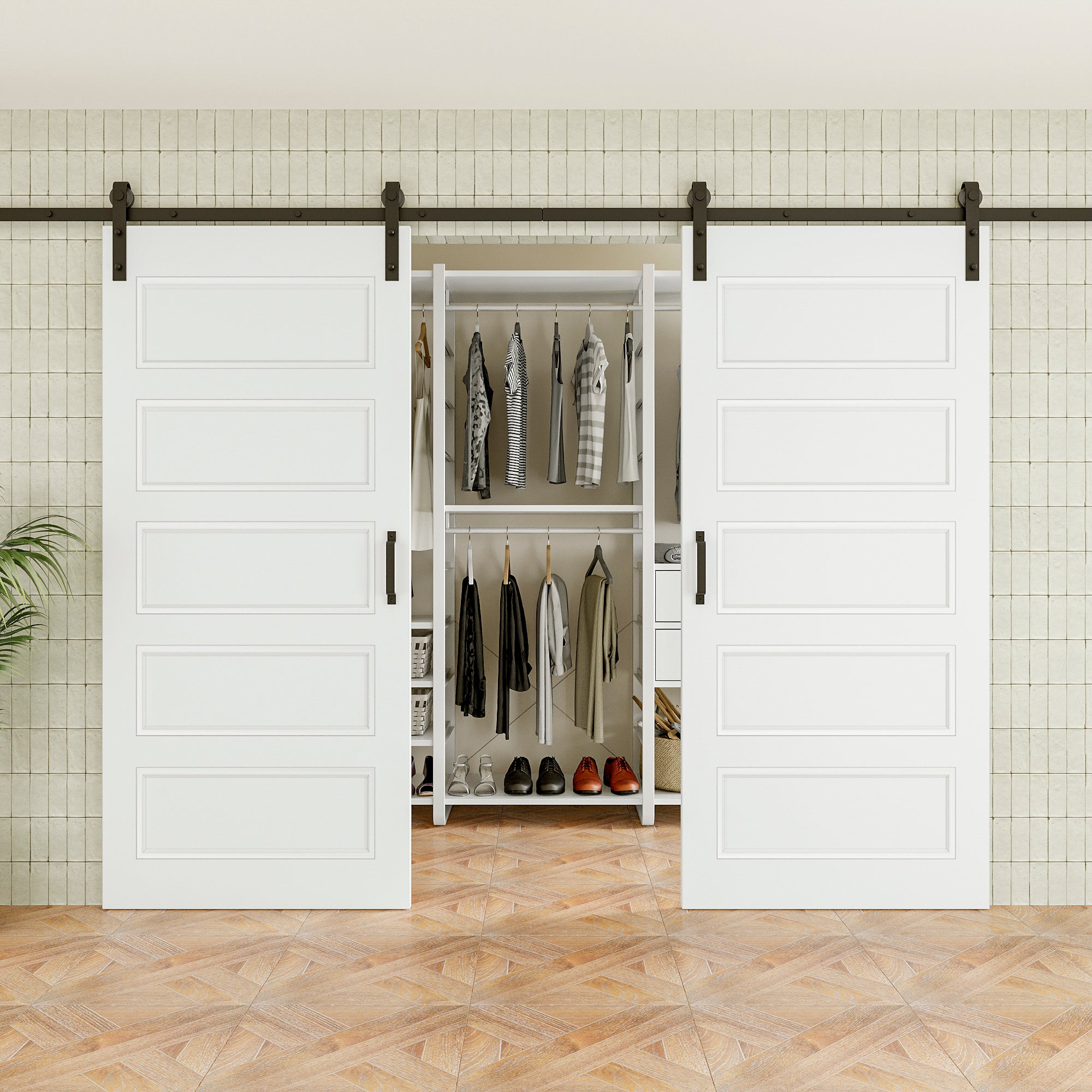 Ark Design Molded 5 Panel White Primed Paneled MDF Sliding Barn Door with Hardware Kit