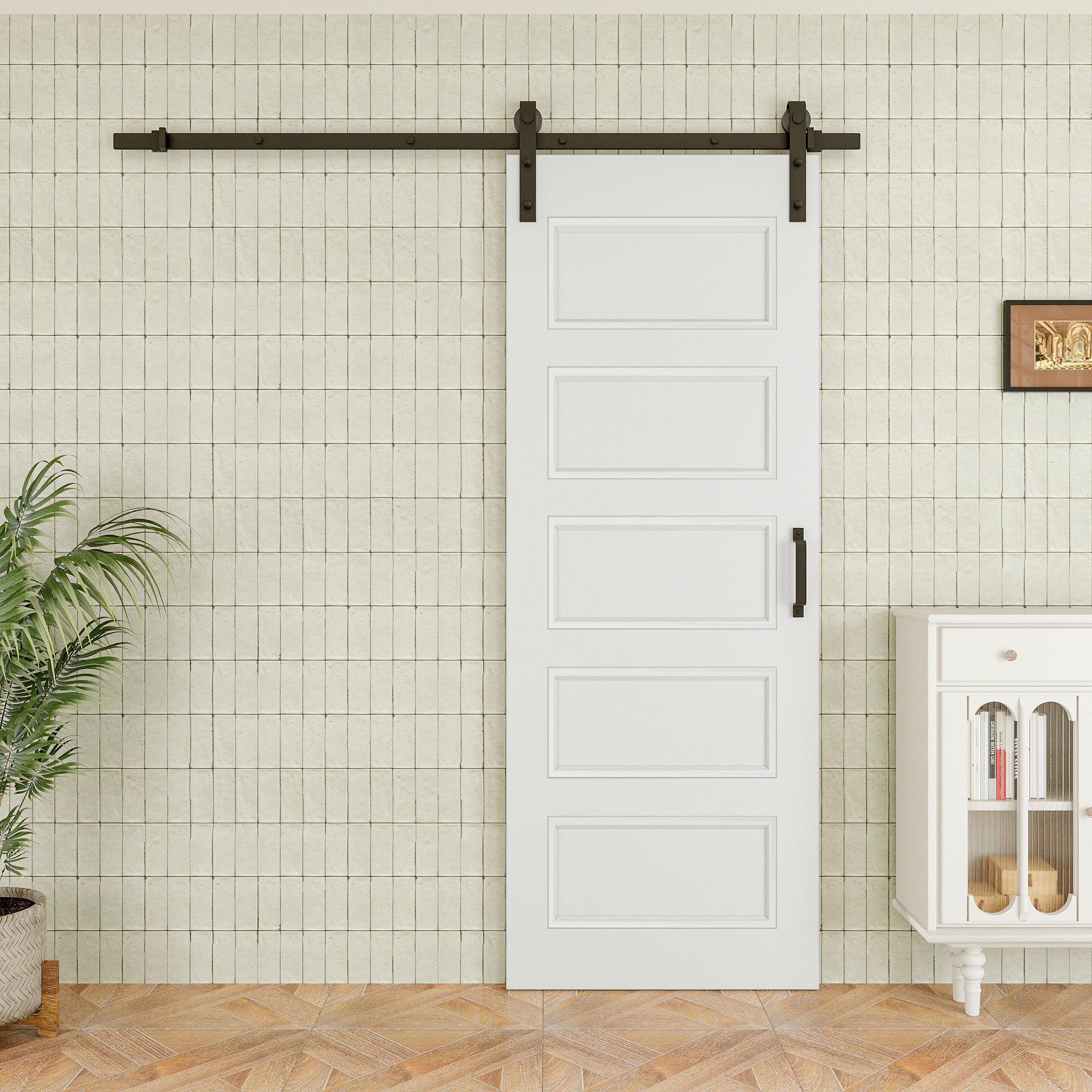 Ark Design Molded 5 Panel White Primed Paneled MDF Sliding Barn Door with Hardware Kit