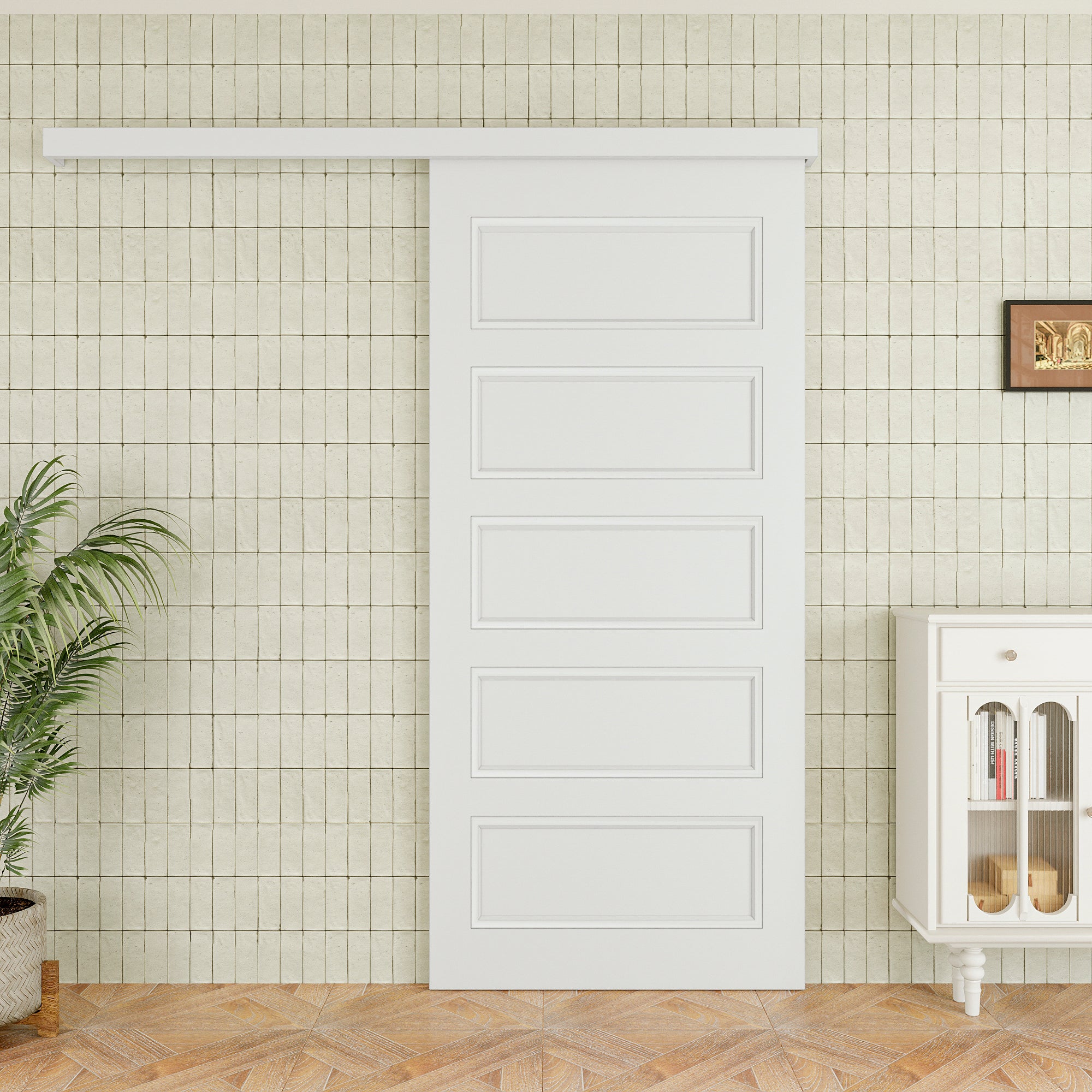 Ark Design Hidden Track Style Molded 5 Panel White Primed Paneled MDF Sliding Barn Door with Hardware Kit