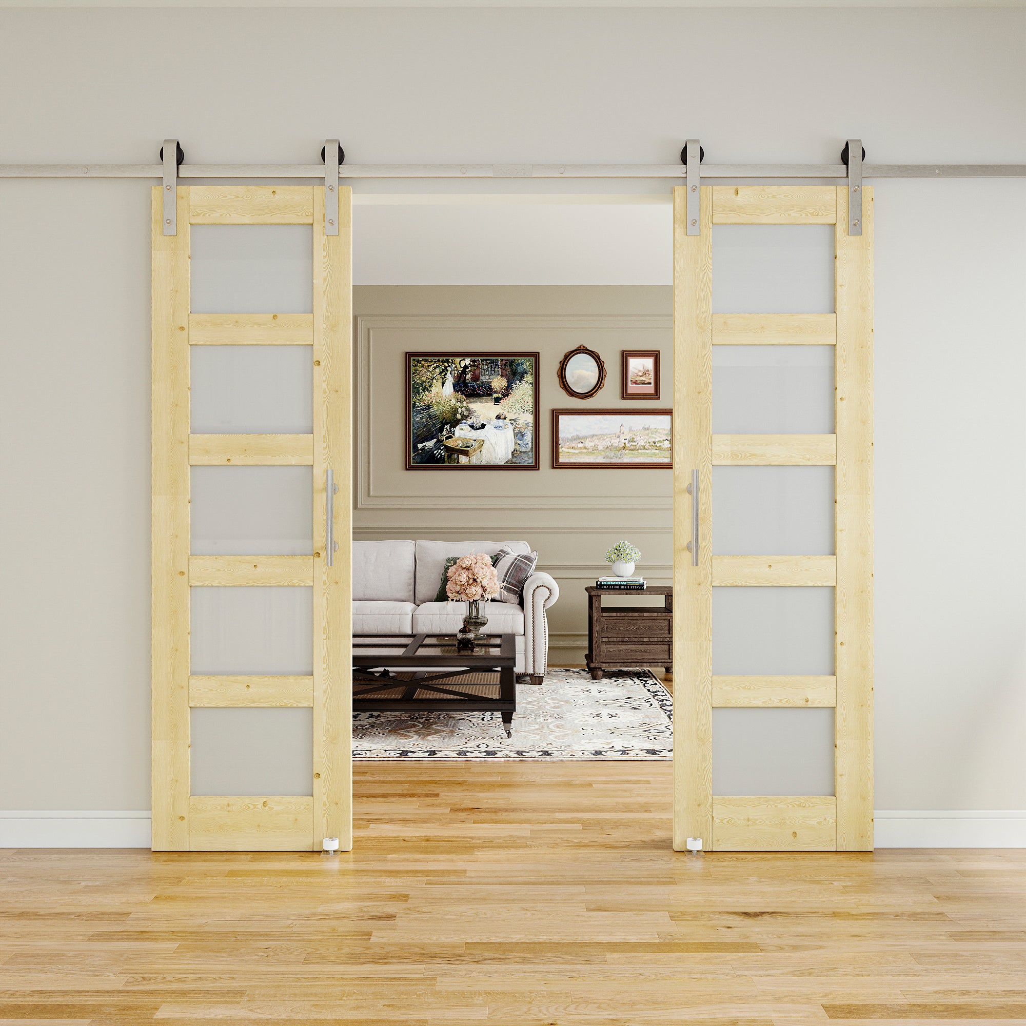 Ark Design 5-Lite Frosted Glass Unfinished Solid Pine Wood Sliding Barn Door with brushed nickle barn door hardware Kit Nickel Plated