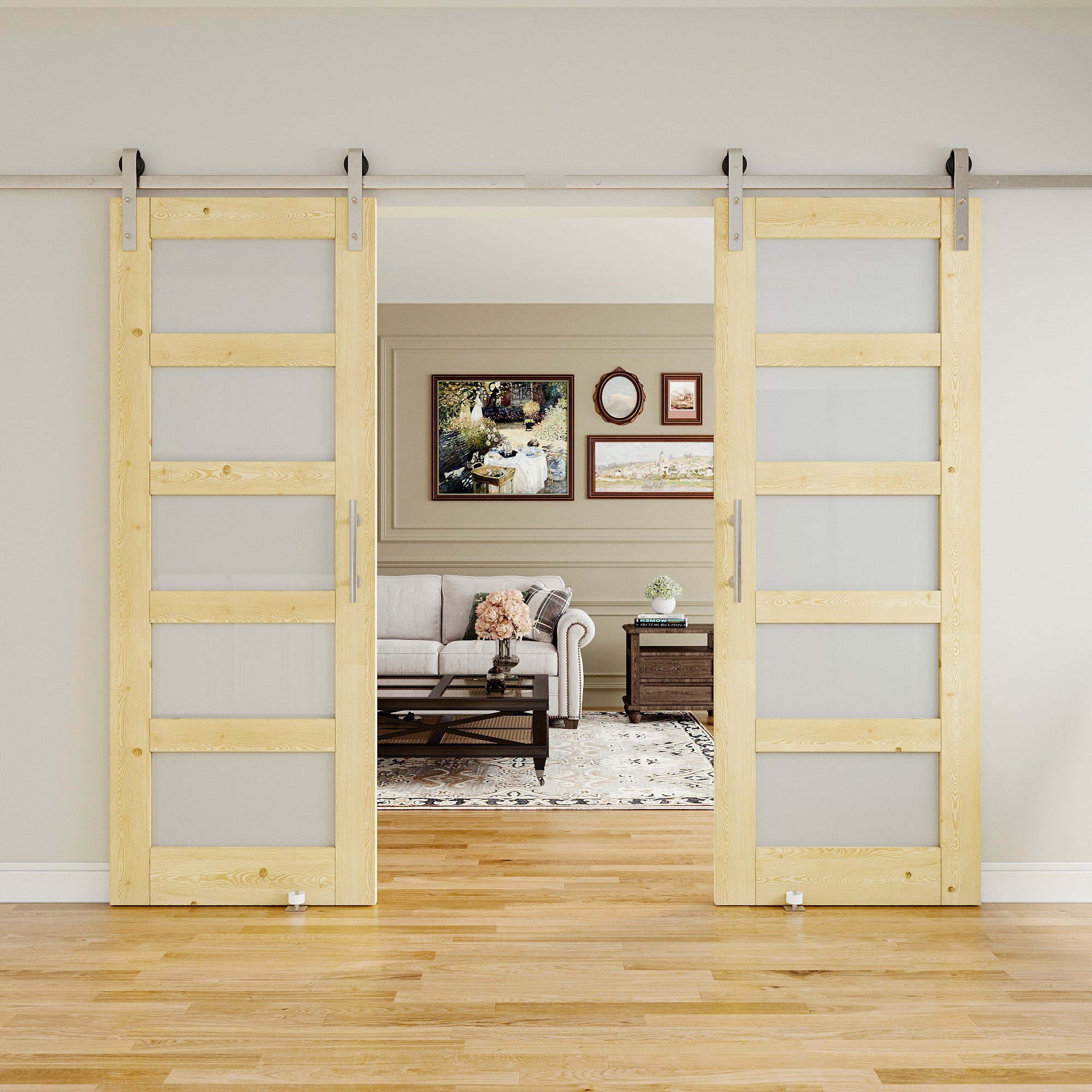 Ark Design 5-Lite Frosted Glass Unfinished Solid Pine Wood Sliding Barn Door with brushed nickle barn door hardware Kit Nickel Plated