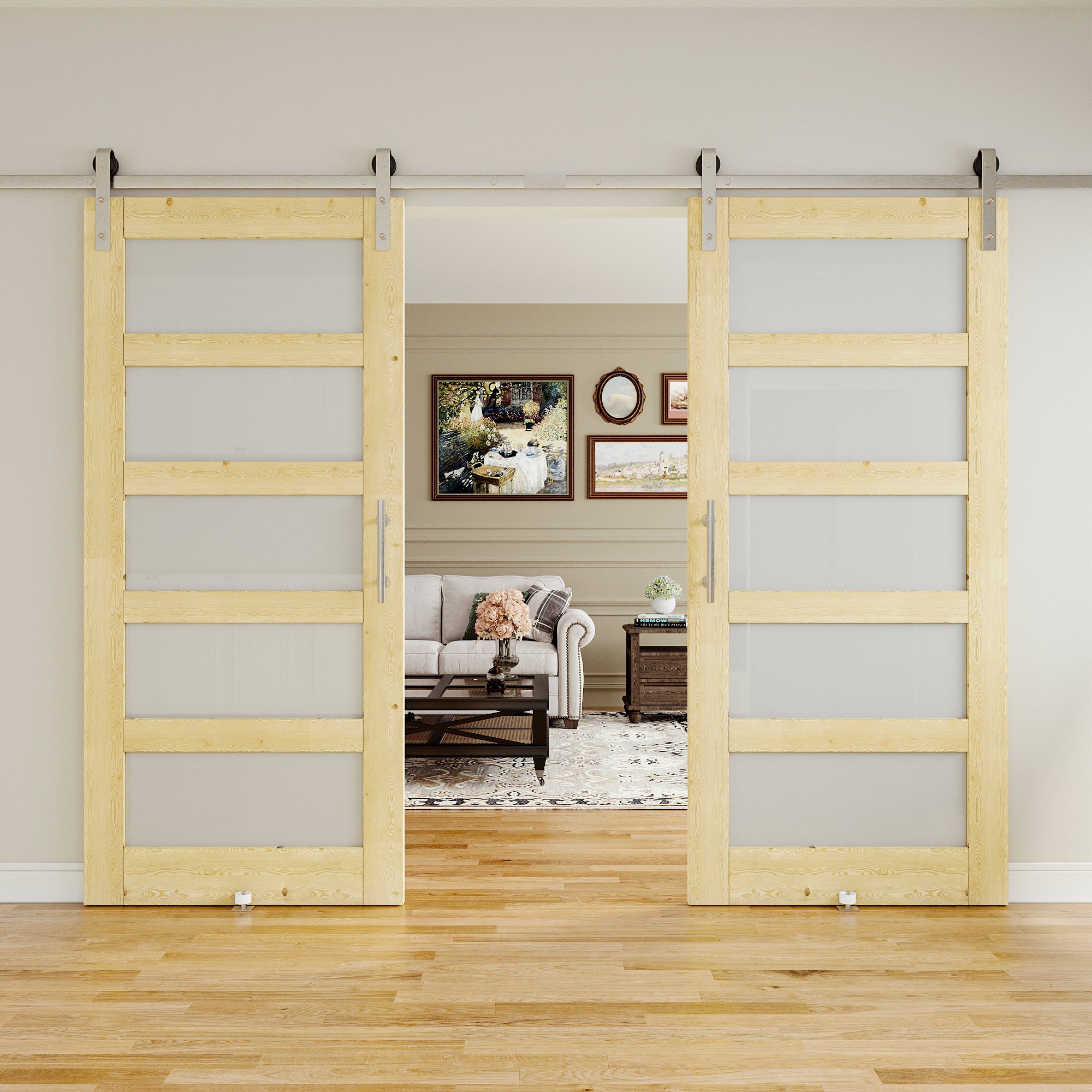 Ark Design 5-Lite Frosted Glass Unfinished Solid Pine Wood Sliding Barn Door with brushed nickle barn door hardware Kit Nickel Plated