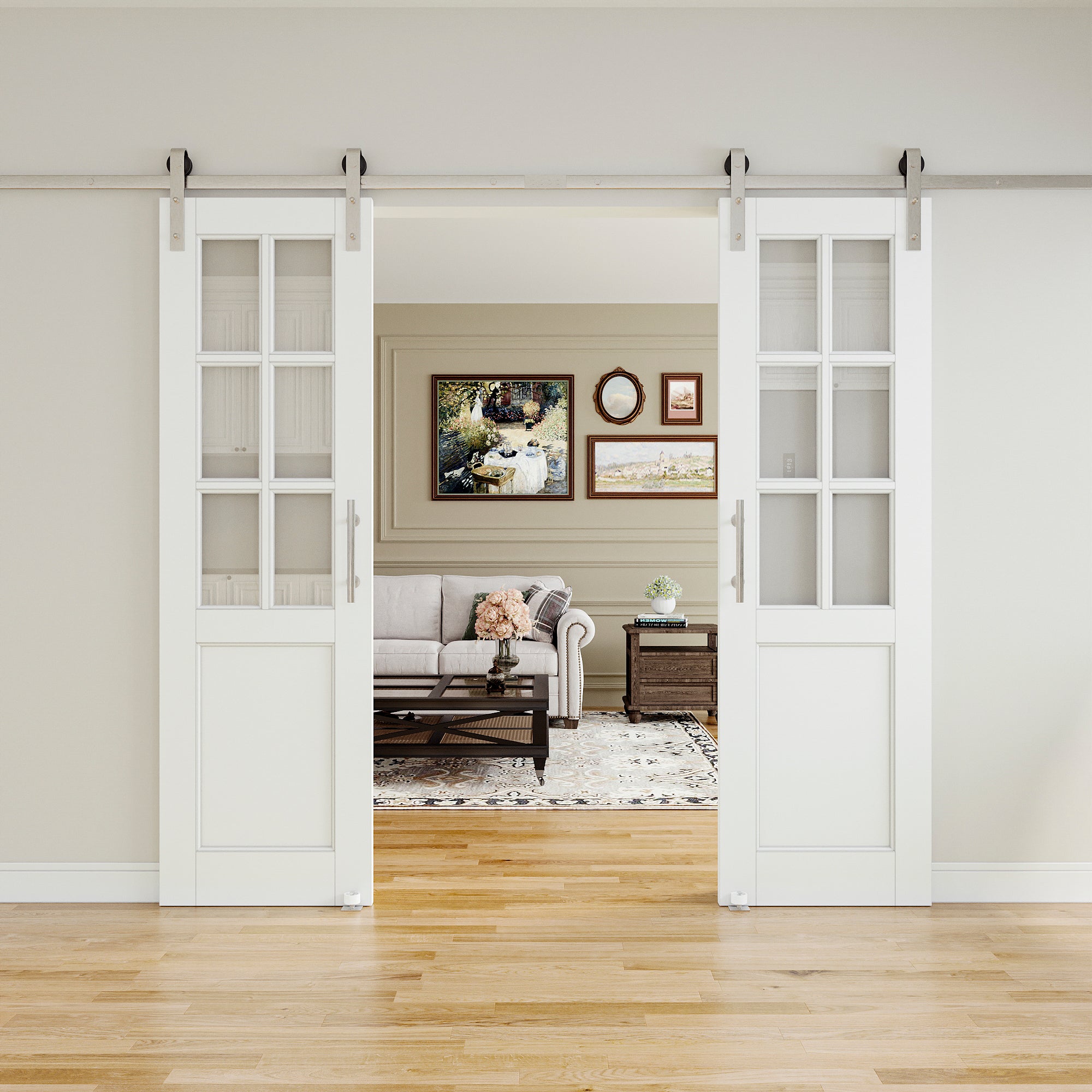 Ark Design 6-Lite Tempered Clear Glass White Primed Solid Core MDF Sliding Barn Door with brushed nickle barn door hardware Kit