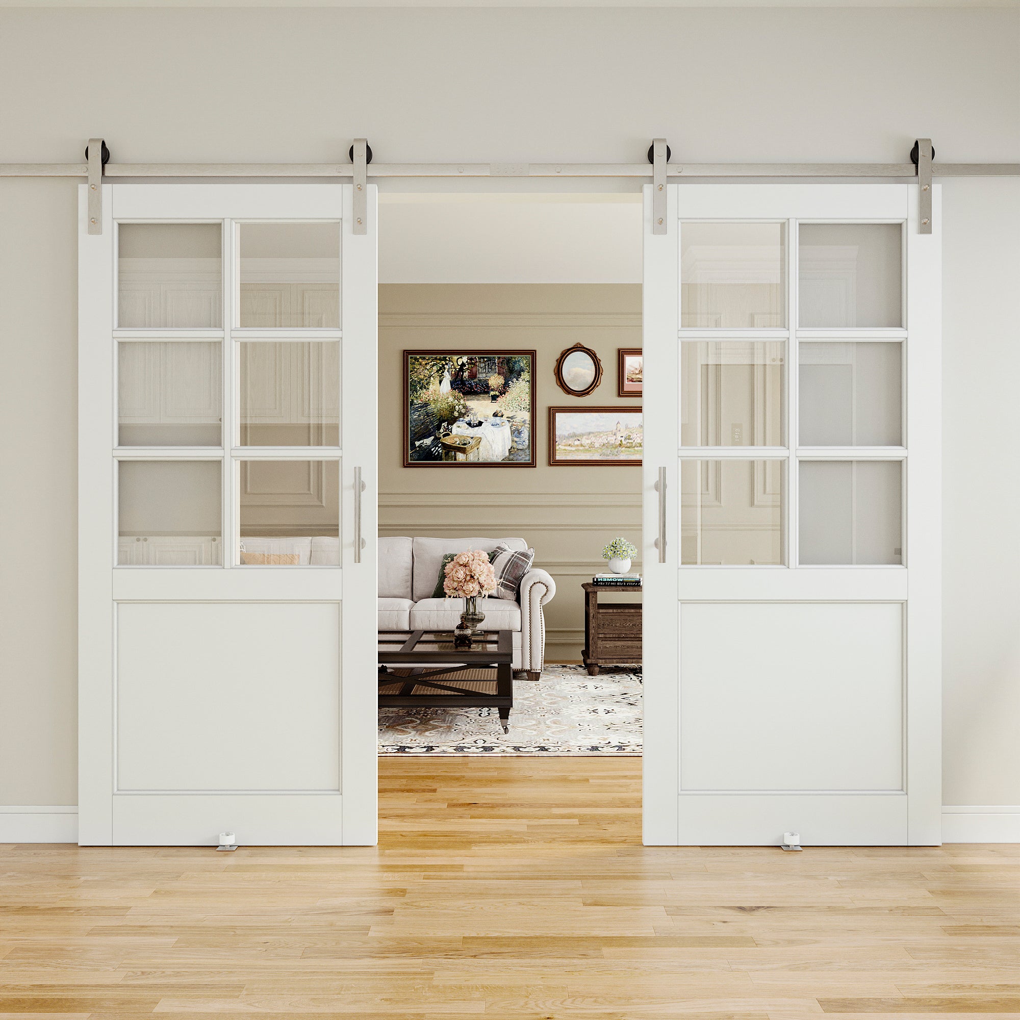 Ark Design 6-Lite Tempered Clear Glass White Primed Solid Core MDF Sliding Barn Door with brushed nickle barn door hardware Kit