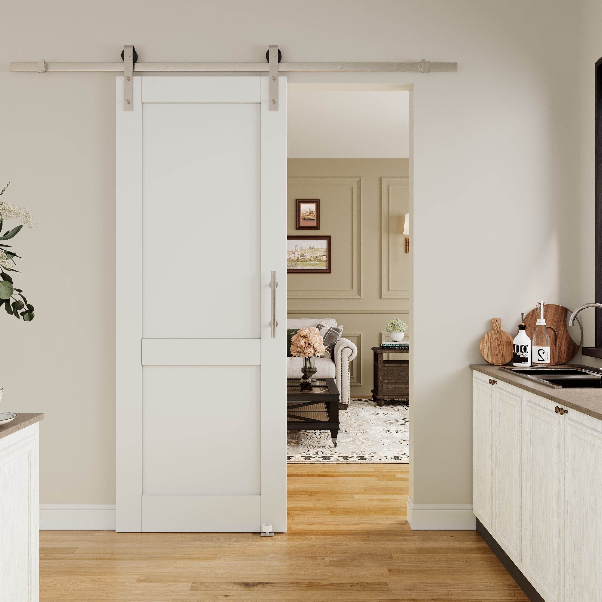 Ark Design 2 Panled White Primed Paneled MDF Sliding Barn Door with Brushed Nickle Hardware Kit