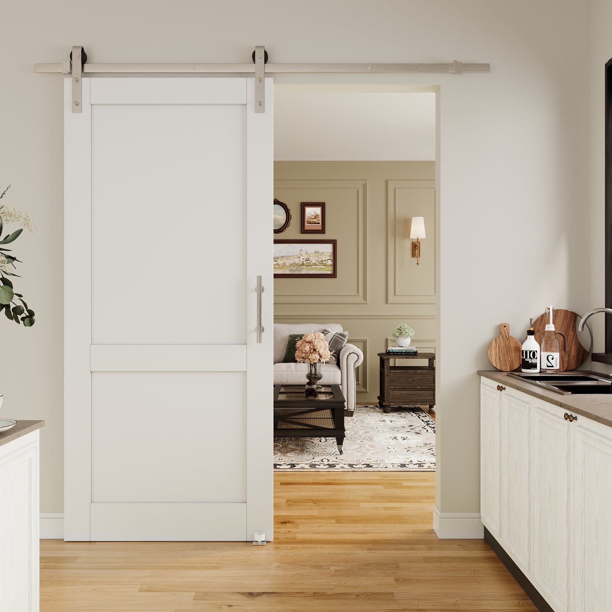 Ark Design 2 Panled White Primed Paneled MDF Sliding Barn Door with Brushed Nickle Hardware Kit