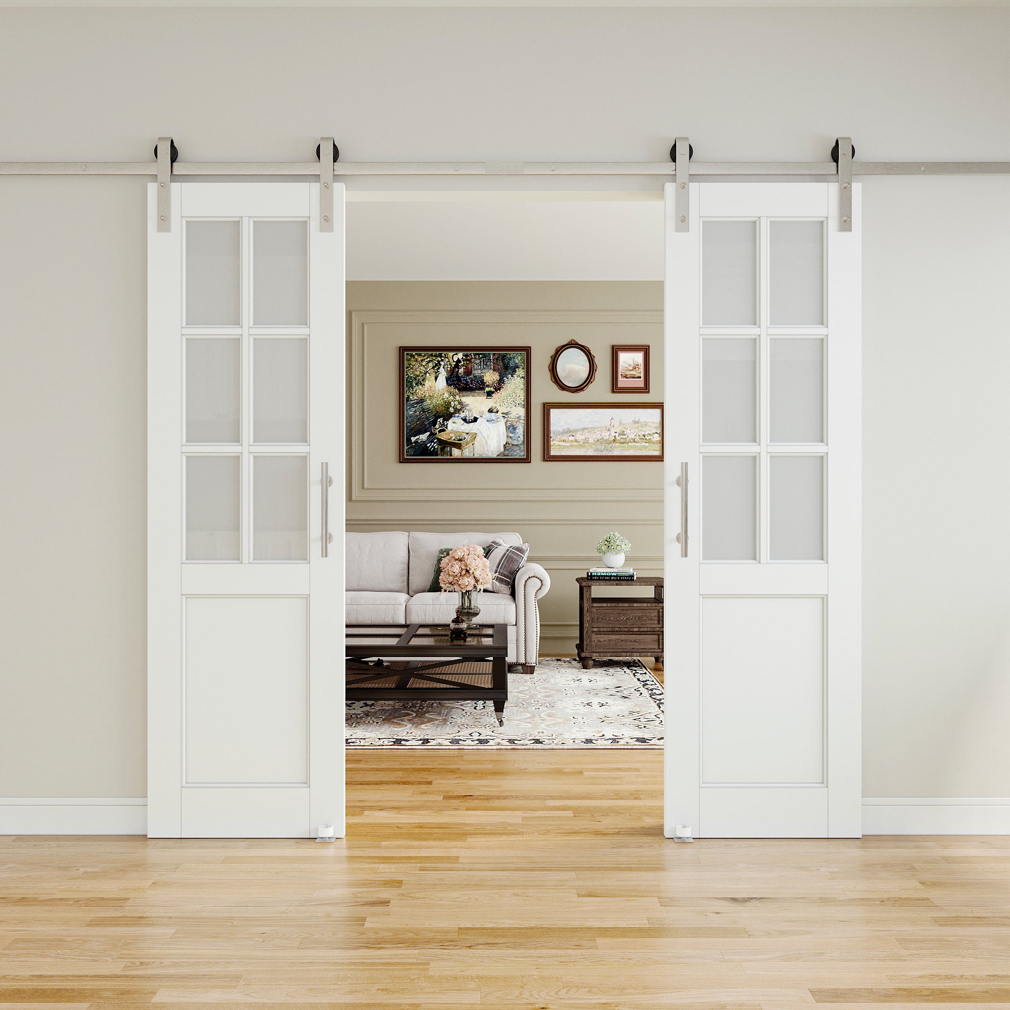 Ark Design 6 Lite Tempered Frosted Glass White Primed Solid Core MDF Sliding Barn Door with brushed nickle barn door hardware Kit