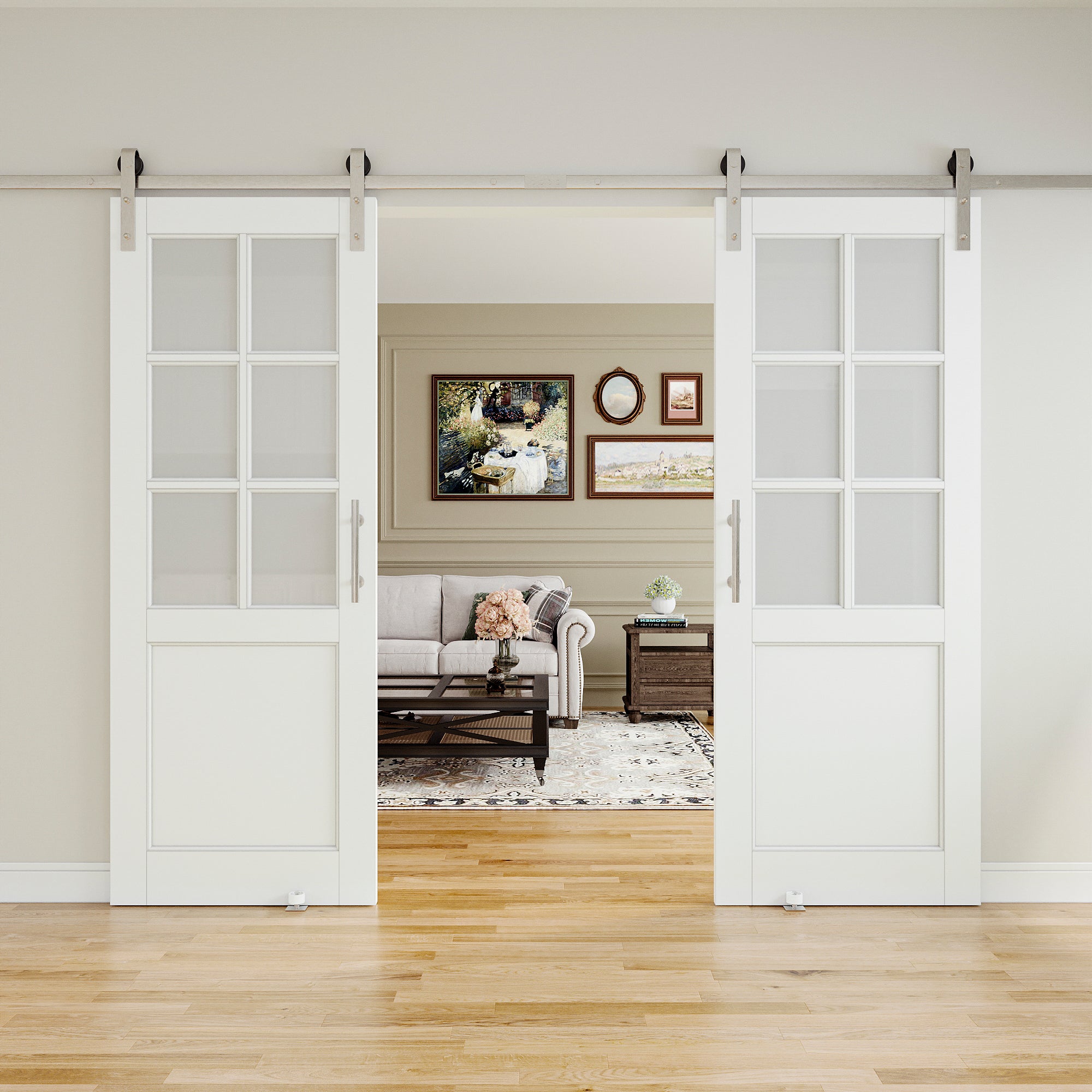Ark Design 6 Lite Tempered Frosted Glass White Primed Solid Core MDF Sliding Barn Door with brushed nickle barn door hardware Kit
