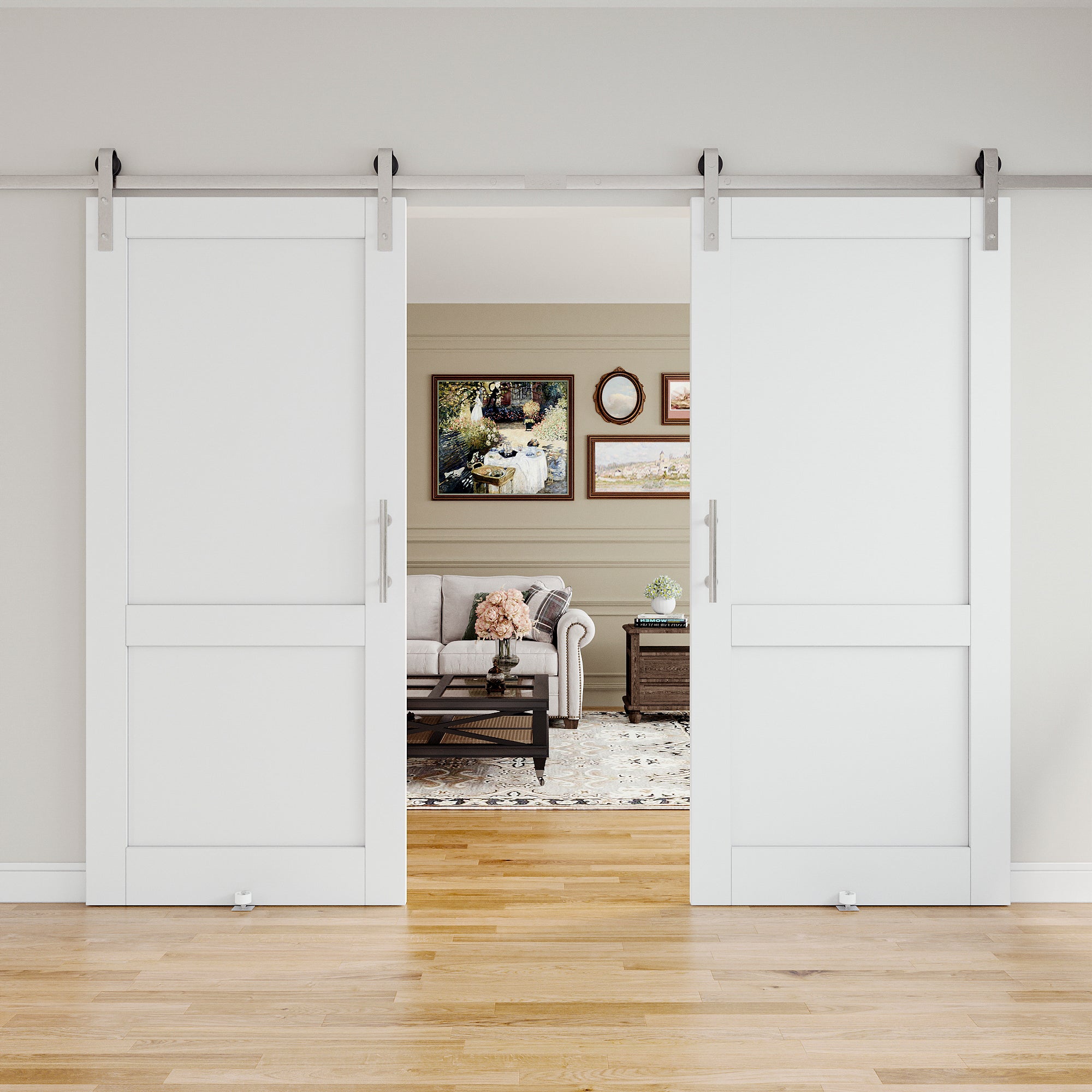 Ark Design 2 Panled White Primed Paneled MDF Sliding Barn Door with Brushed Nickle Hardware Kit