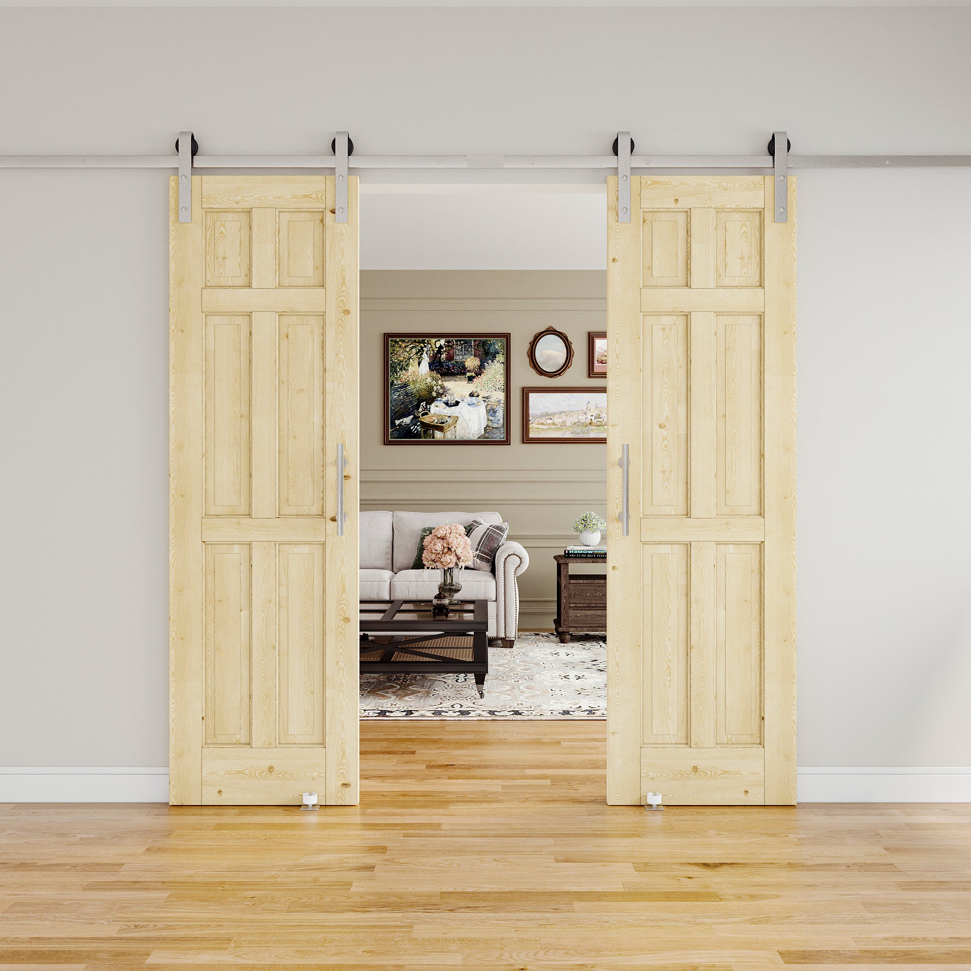Ark Design Arch 6-Panel Unfinished Solid Core Pine Wood Sliding Barn Door with brushed nickle barn door hardware Kit