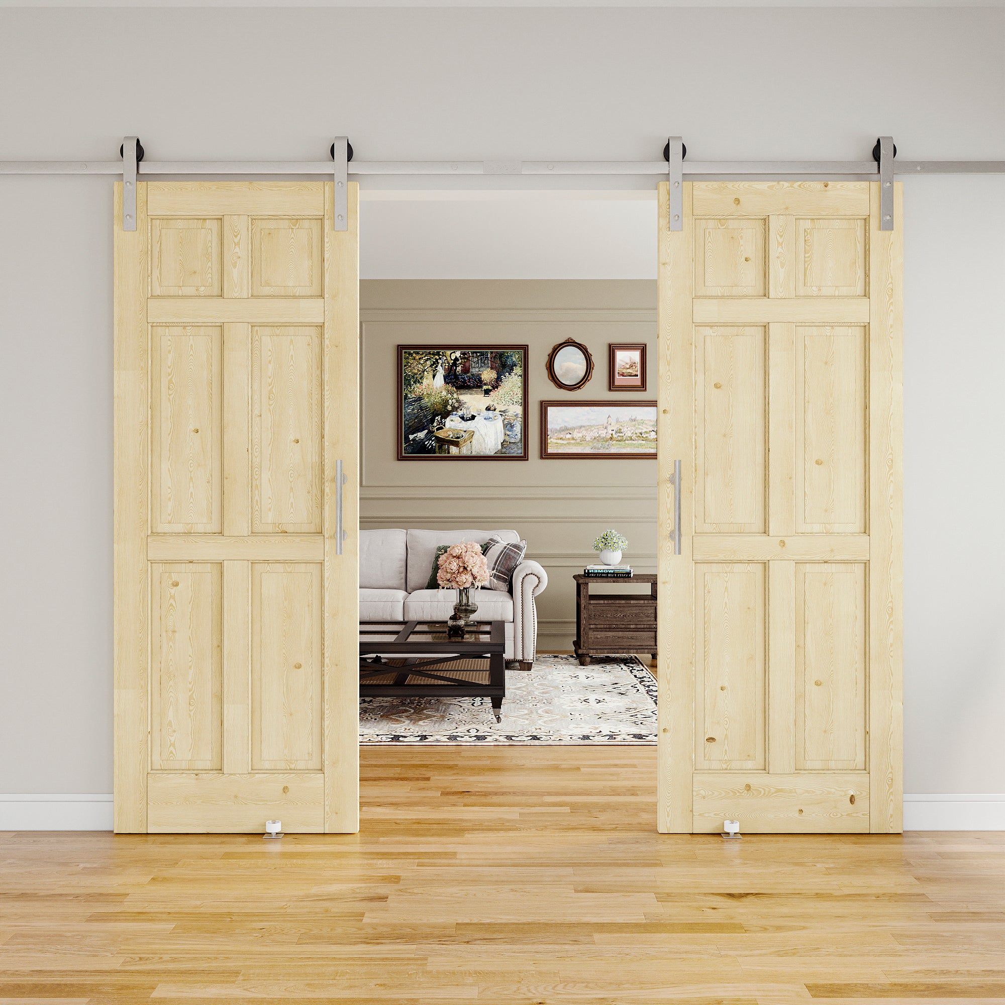 Ark Design Arch 6-Panel Unfinished Solid Core Pine Wood Sliding Barn Door with brushed nickle barn door hardware Kit