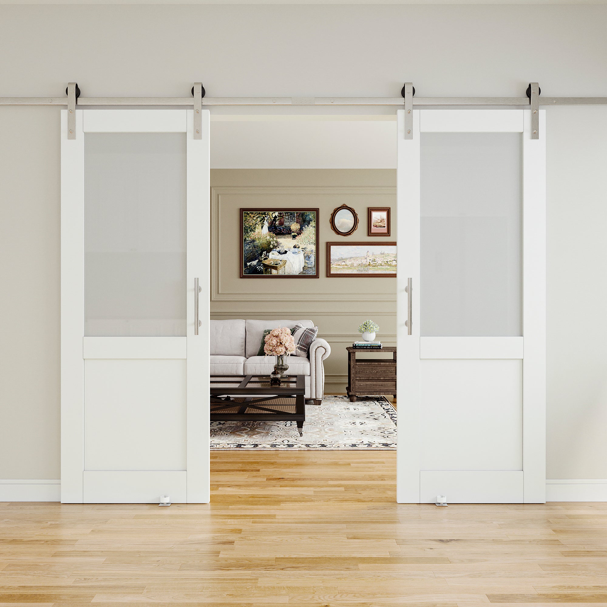 Ark Design 1/2-Lite Tempered Frosted Glass White Primed MDF Composite Sliding Barn Door with brushed nickle barn door hardware Kit