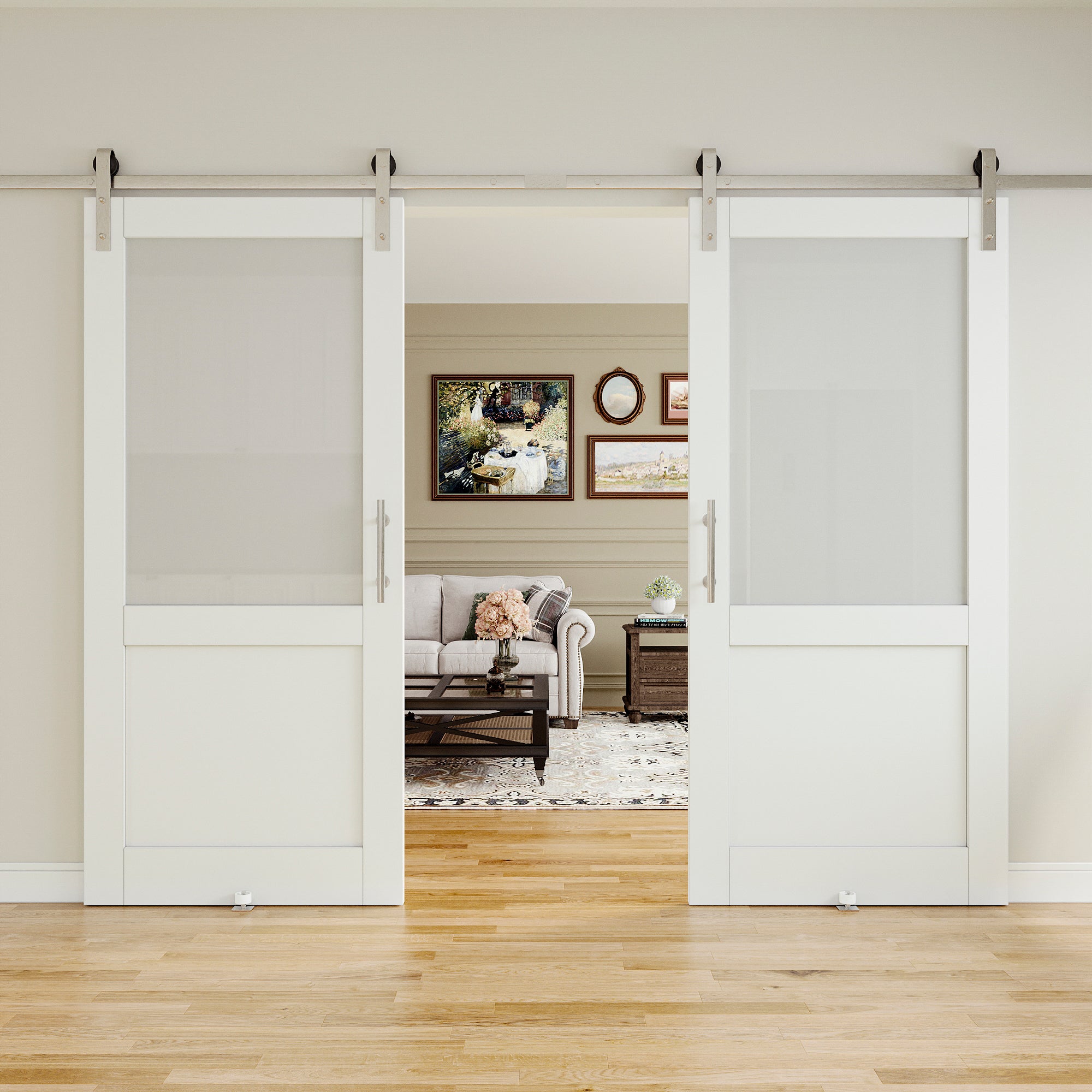 Ark Design 1/2-Lite Tempered Frosted Glass White Primed MDF Composite Sliding Barn Door with brushed nickle barn door hardware Kit
