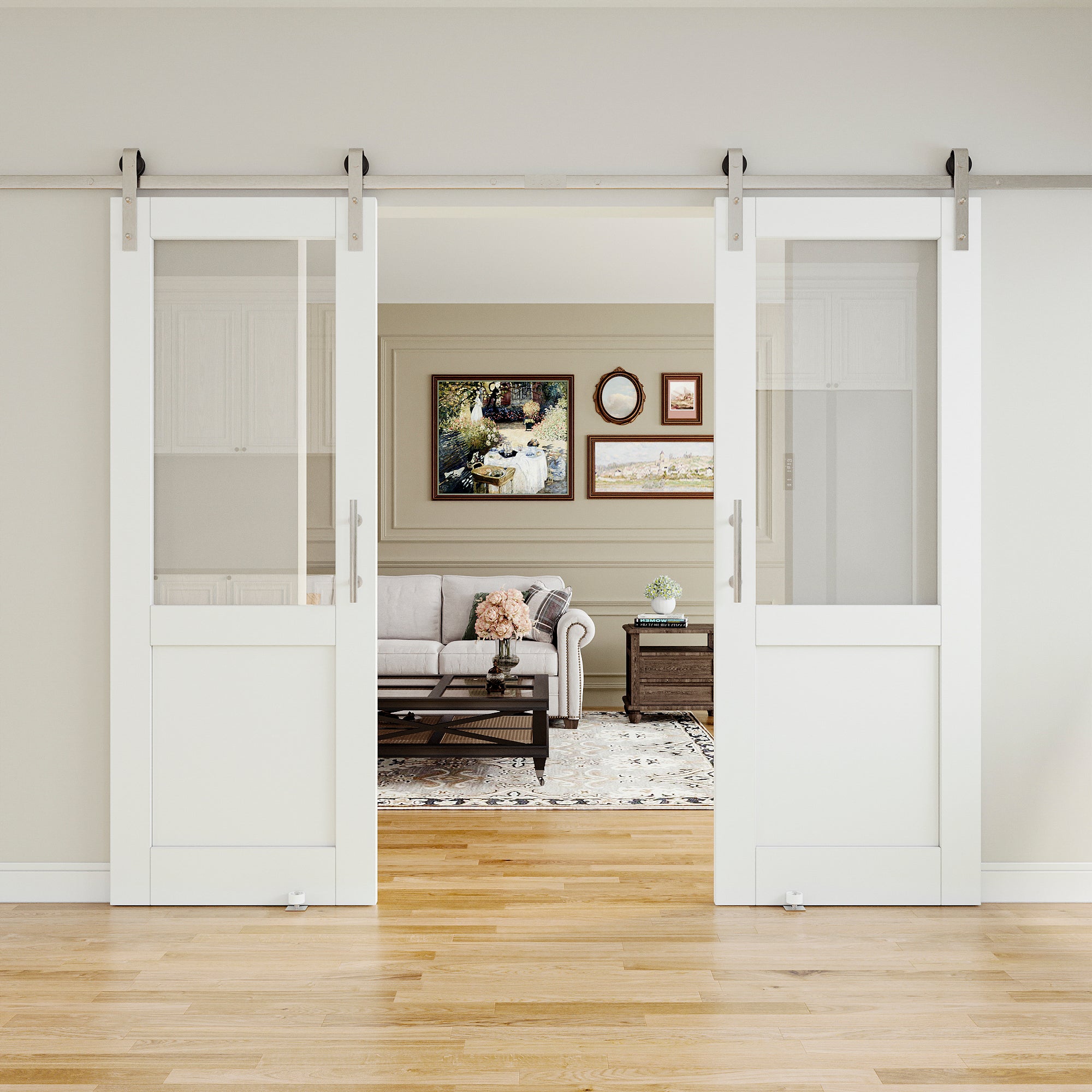 Ark Design Half-Lite Tempered Clear Glass White Primed Solid Core MDF Sliding Barn Door with brushed nickle barn door hardware Kit