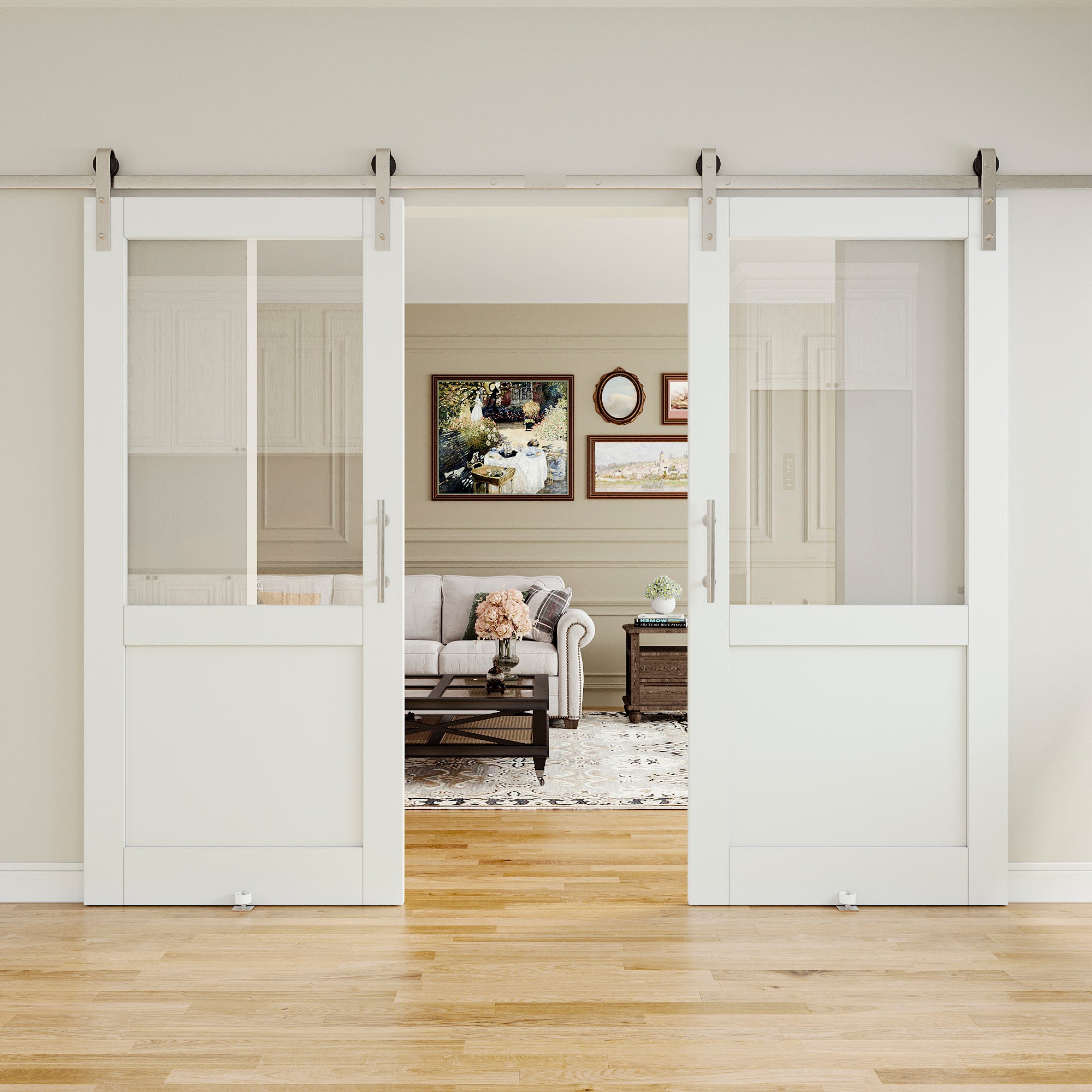 Ark Design Half-Lite Tempered Clear Glass White Primed Solid Core MDF Sliding Barn Door with brushed nickle barn door hardware Kit
