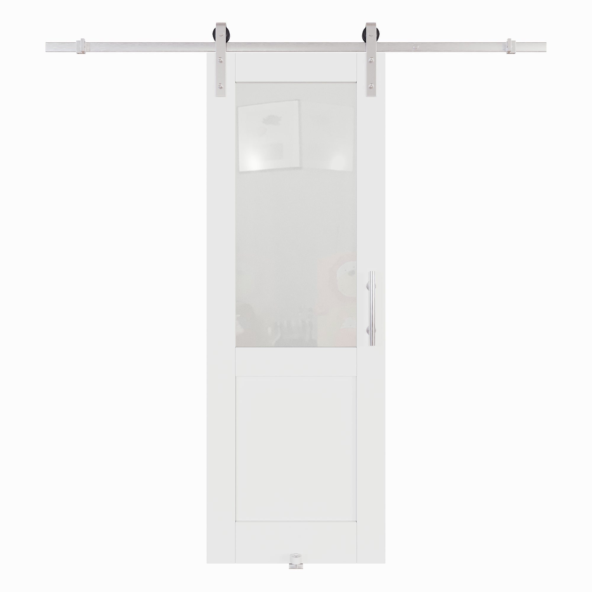 Ark Design Half-Lite Tempered Clear Glass White Primed Solid Core MDF Sliding Barn Door with brushed nickle barn door hardware Kit
