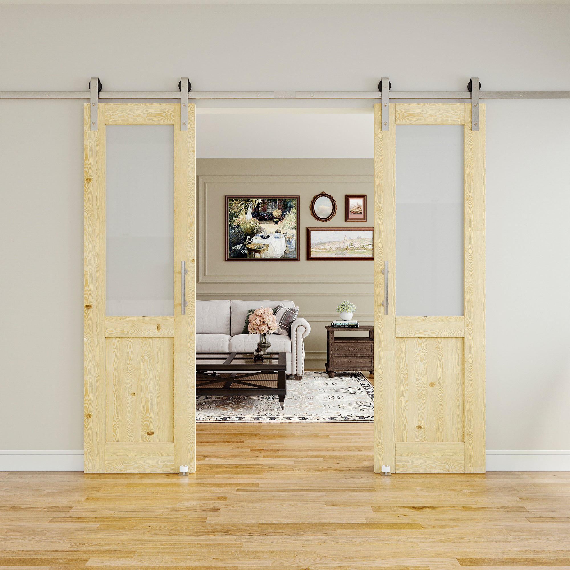 Ark Design Half Lite Frosted Glass Unfinished Solid Pine Wood Sliding Barn Door with brushed nickle barn door hardware Kit Nickel Plated
