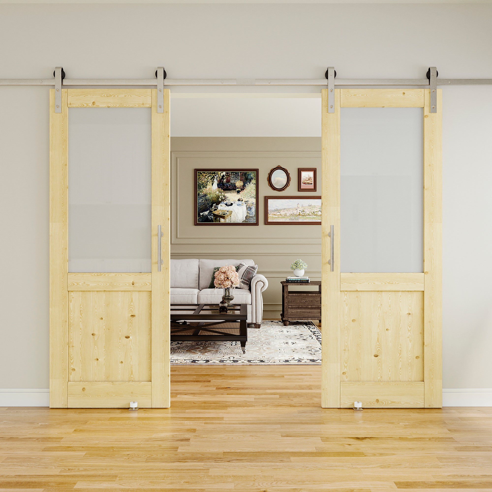 Ark Design Half Lite Frosted Glass Unfinished Solid Pine Wood Sliding Barn Door with brushed nickle barn door hardware Kit Nickel Plated
