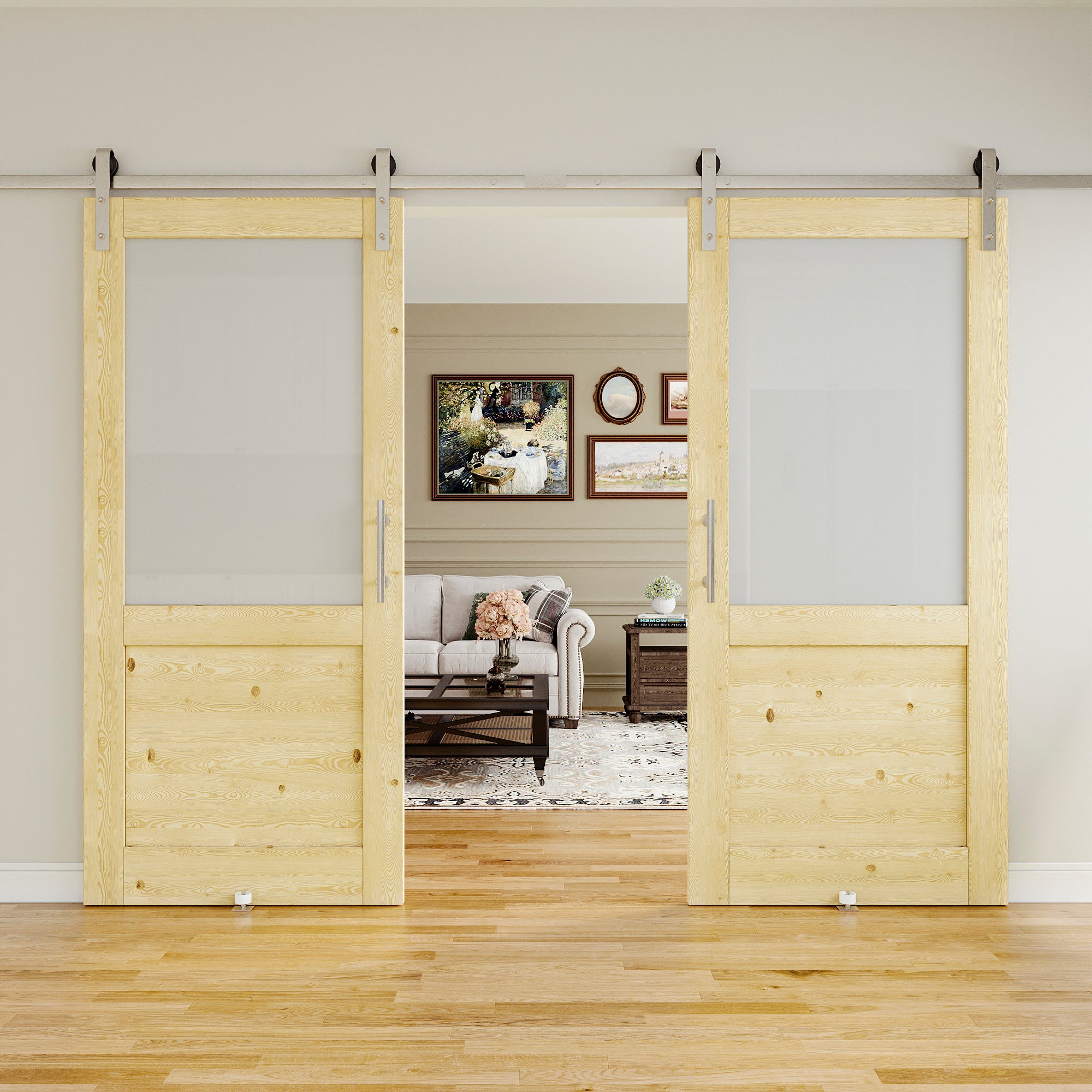 Ark Design Half Lite Frosted Glass Unfinished Solid Pine Wood Sliding Barn Door with brushed nickle barn door hardware Kit Nickel Plated